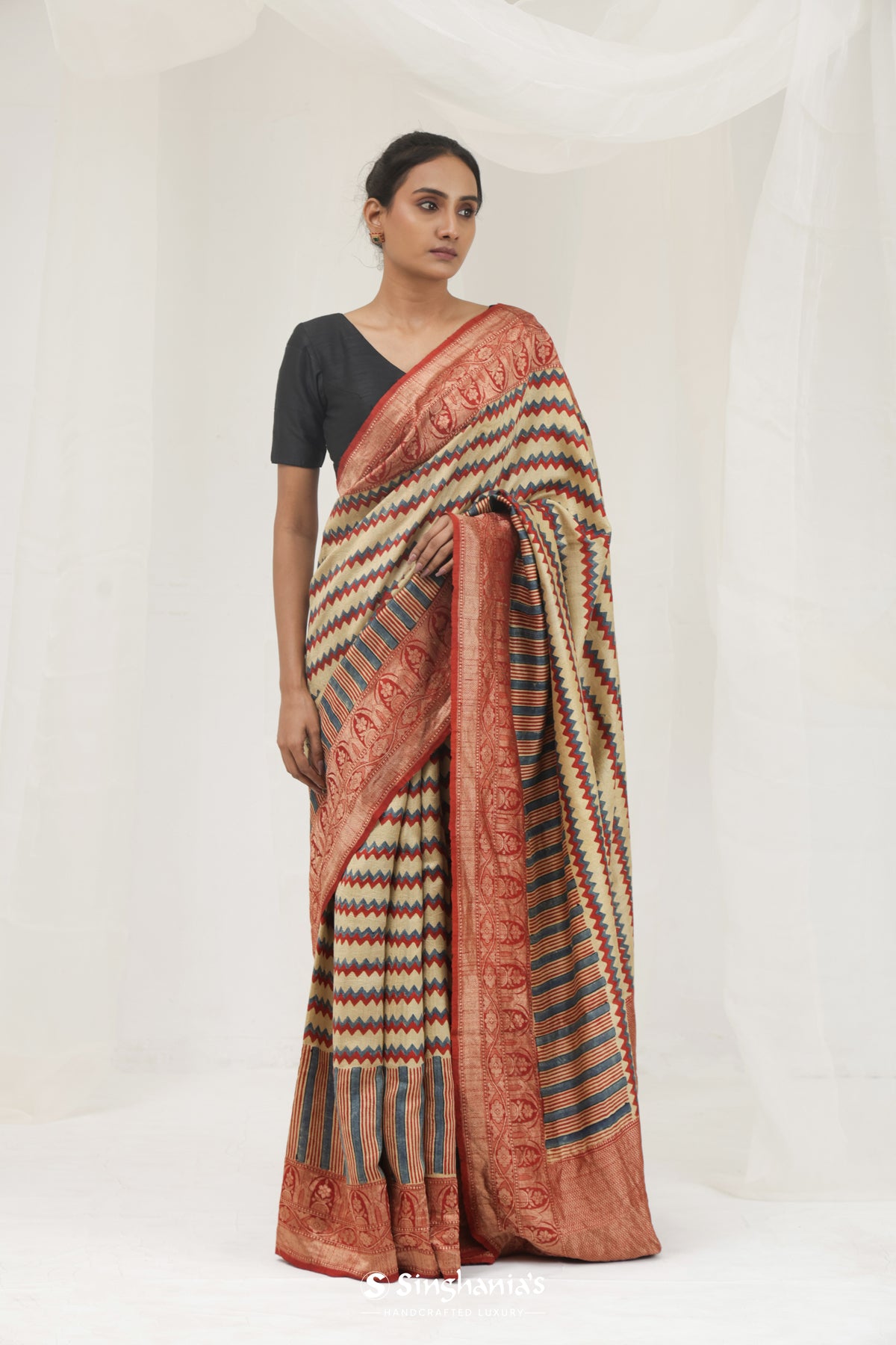 Beige Yellow Printed Ajrakh Silk Saree With Chevron Pattern