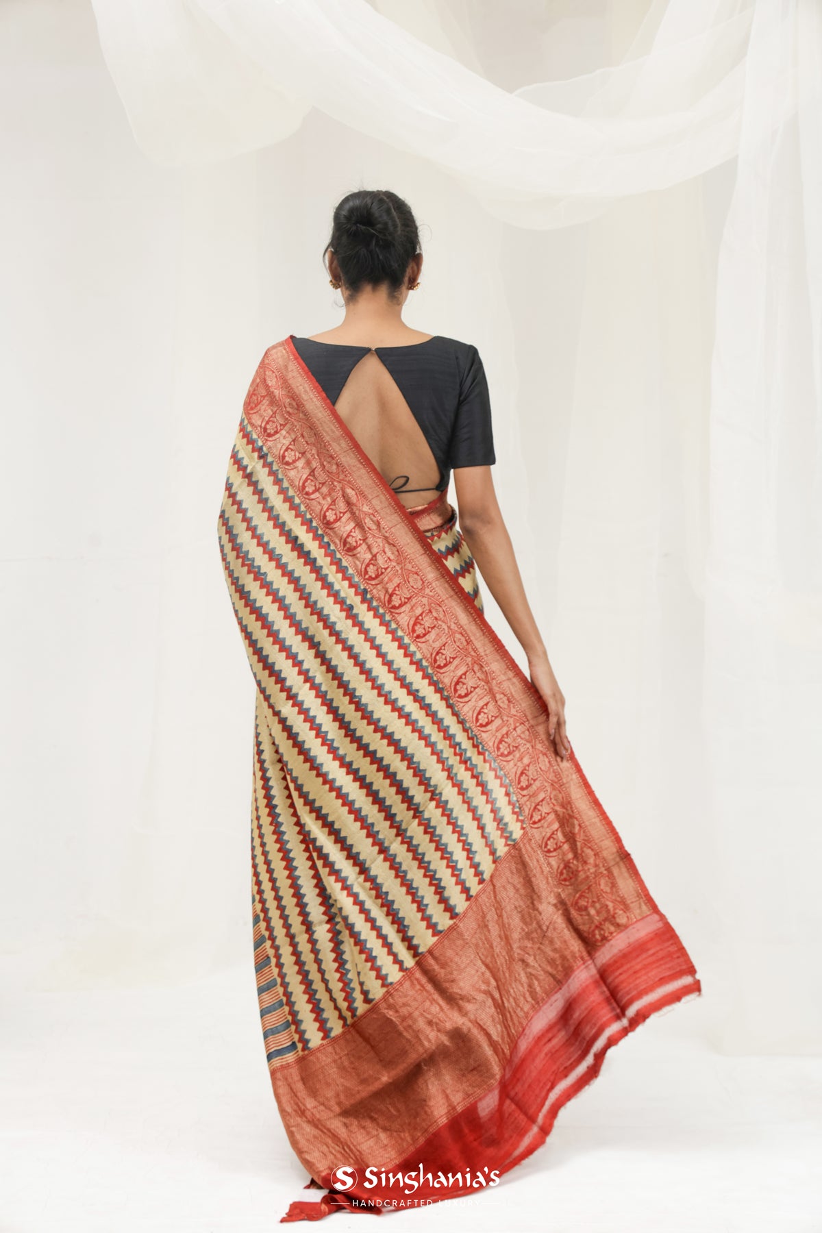 Beige Yellow Printed Ajrakh Silk Saree With Chevron Pattern