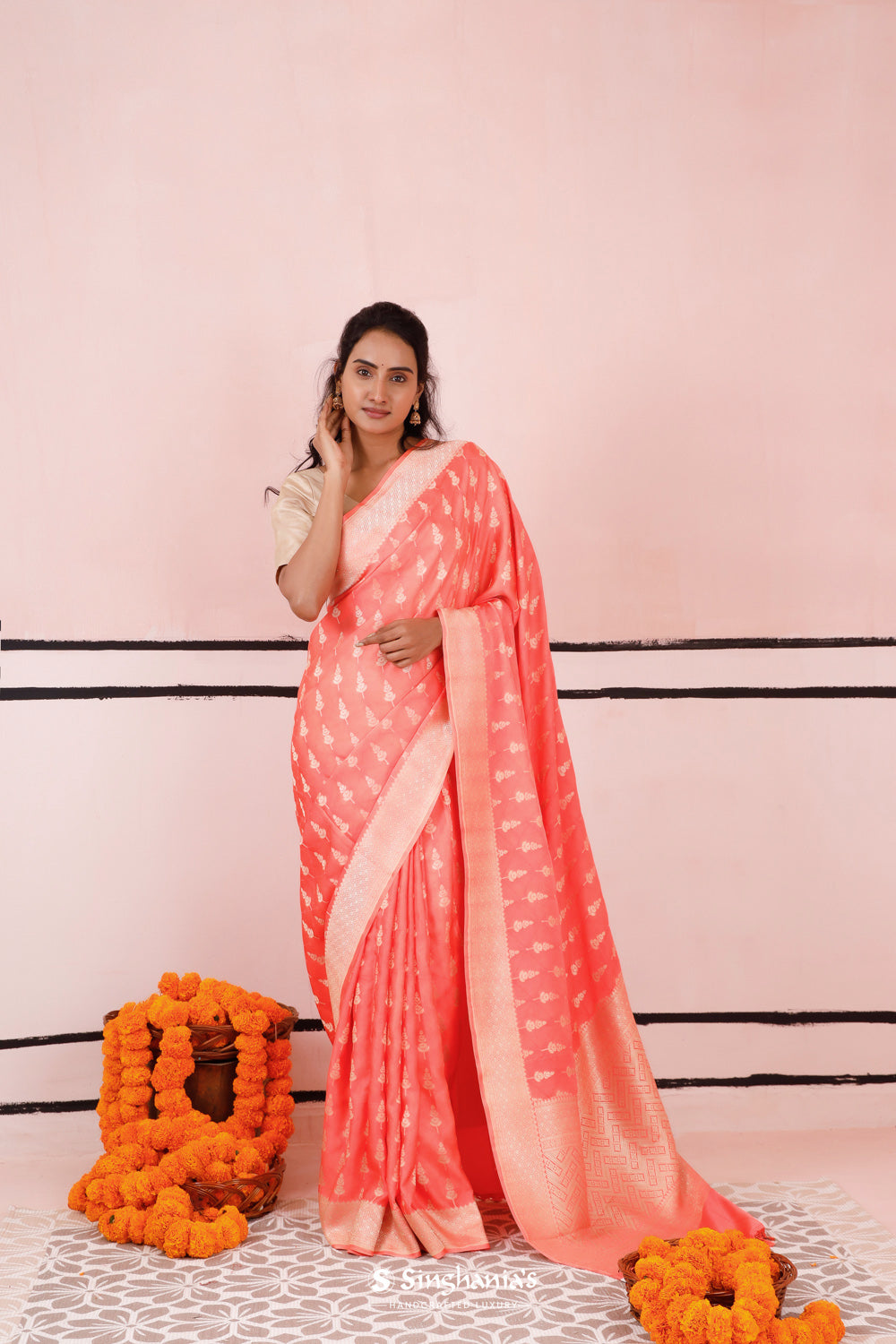 Peach Orange Satin Saree With Zari Butti