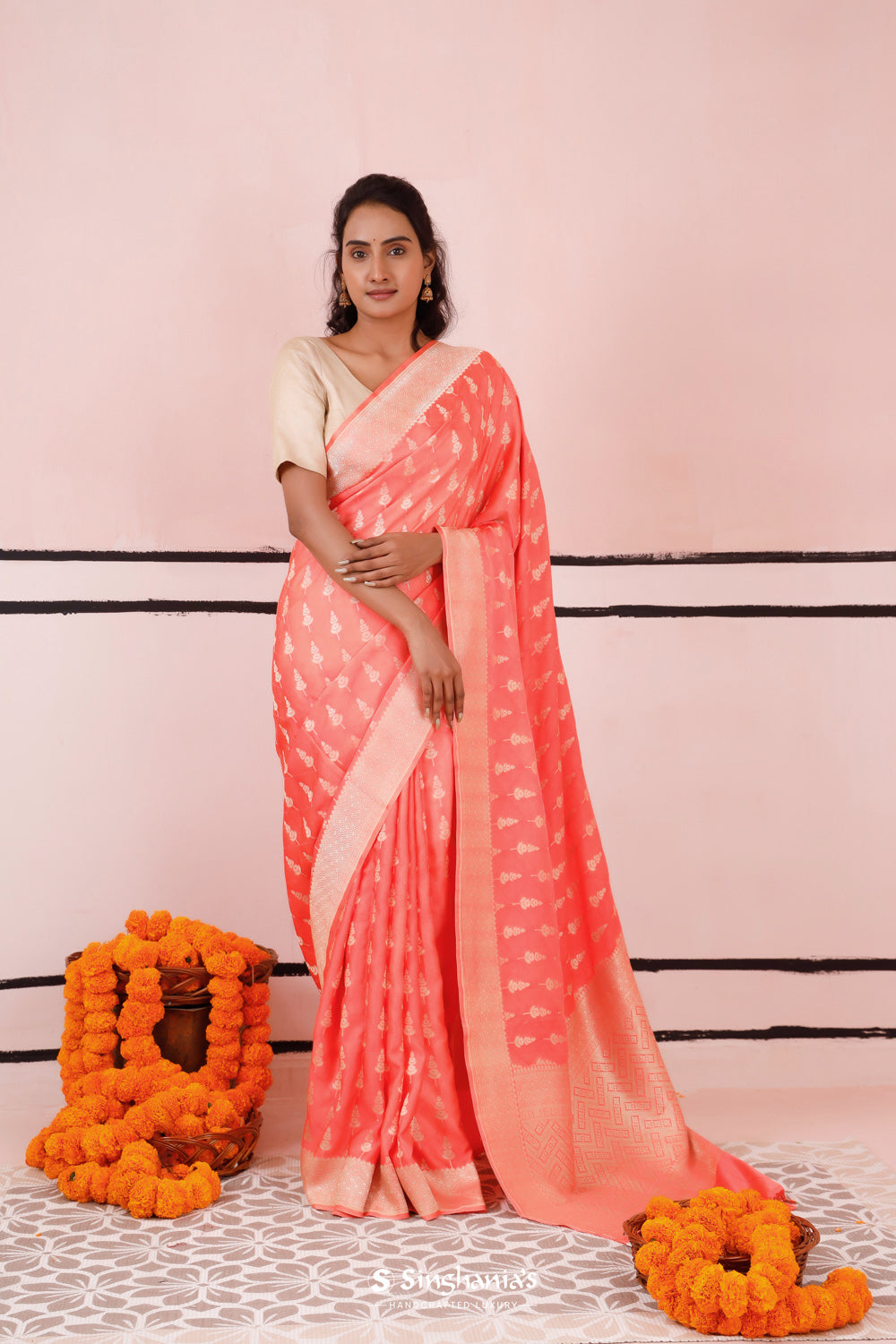 Peach Orange Satin Saree With Zari Butti