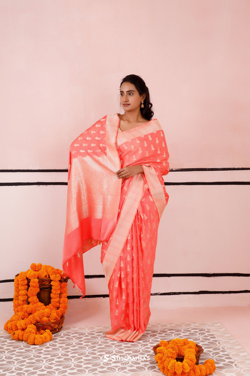 Peach Orange Satin Saree With Zari Butti