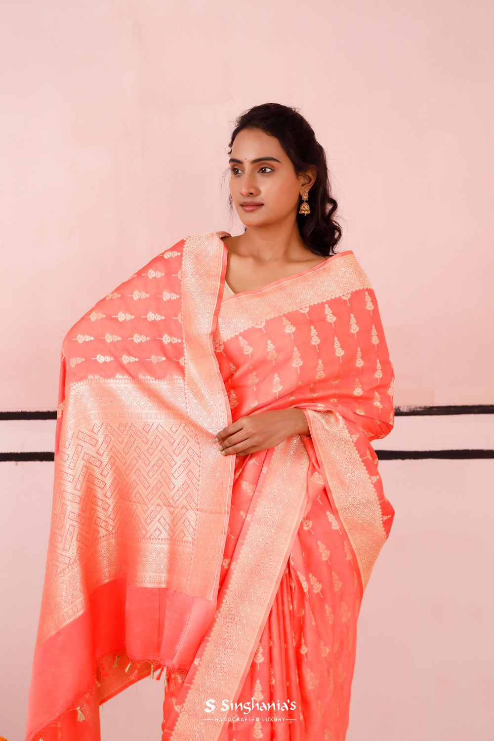 Peach Orange Satin Saree With Zari Butti