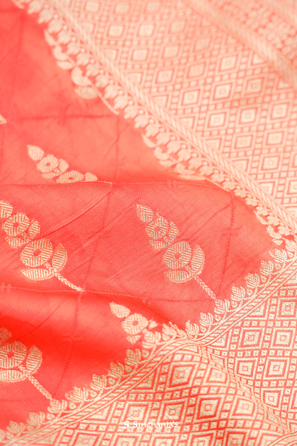 Peach Orange Satin Saree With Zari Butti