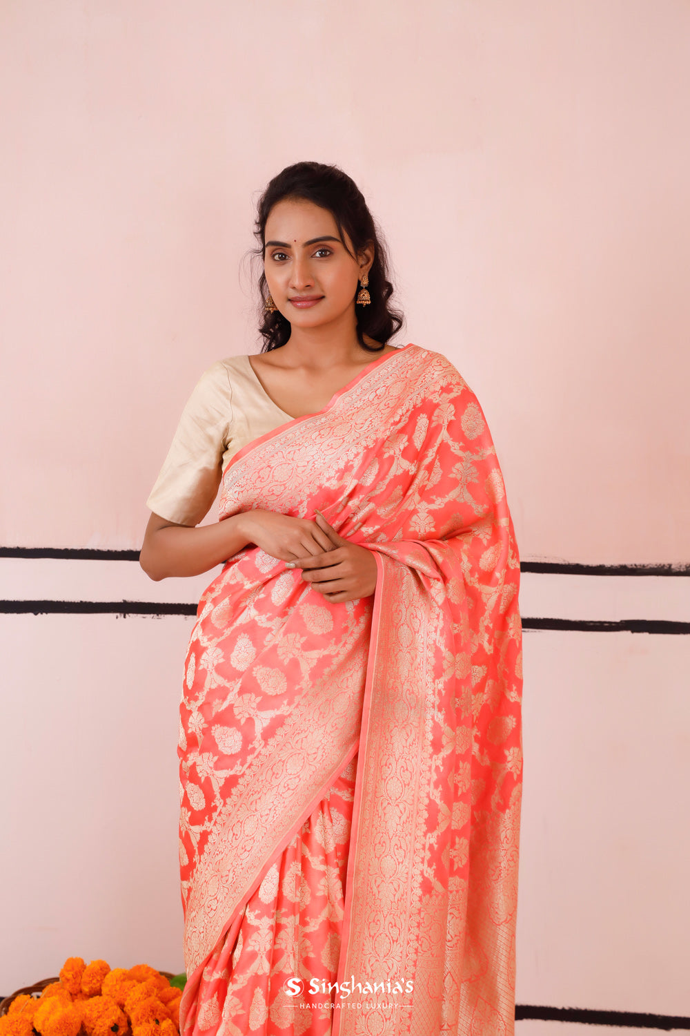 Coral Peach Banarasi Satin Saree With Floral Weaving