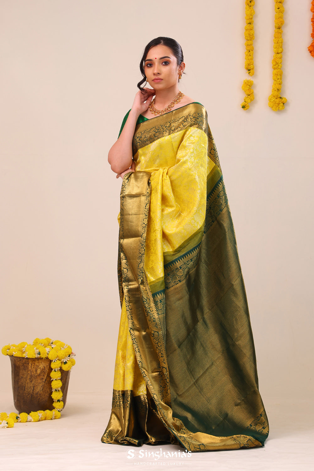 Lemon Yellow Heritage Kanjivaram Silk Saree