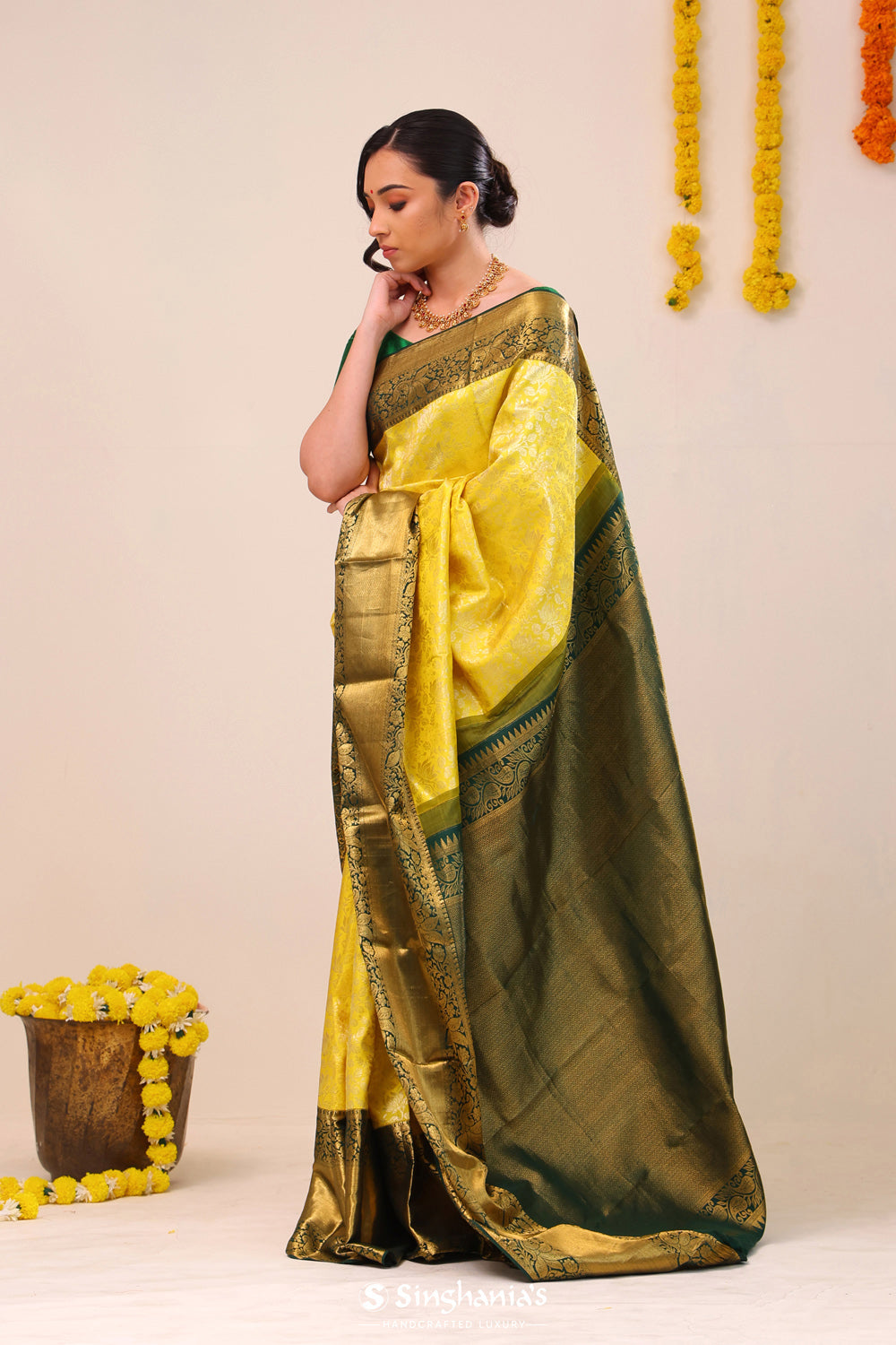 Lemon Yellow Heritage Kanjivaram Silk Saree