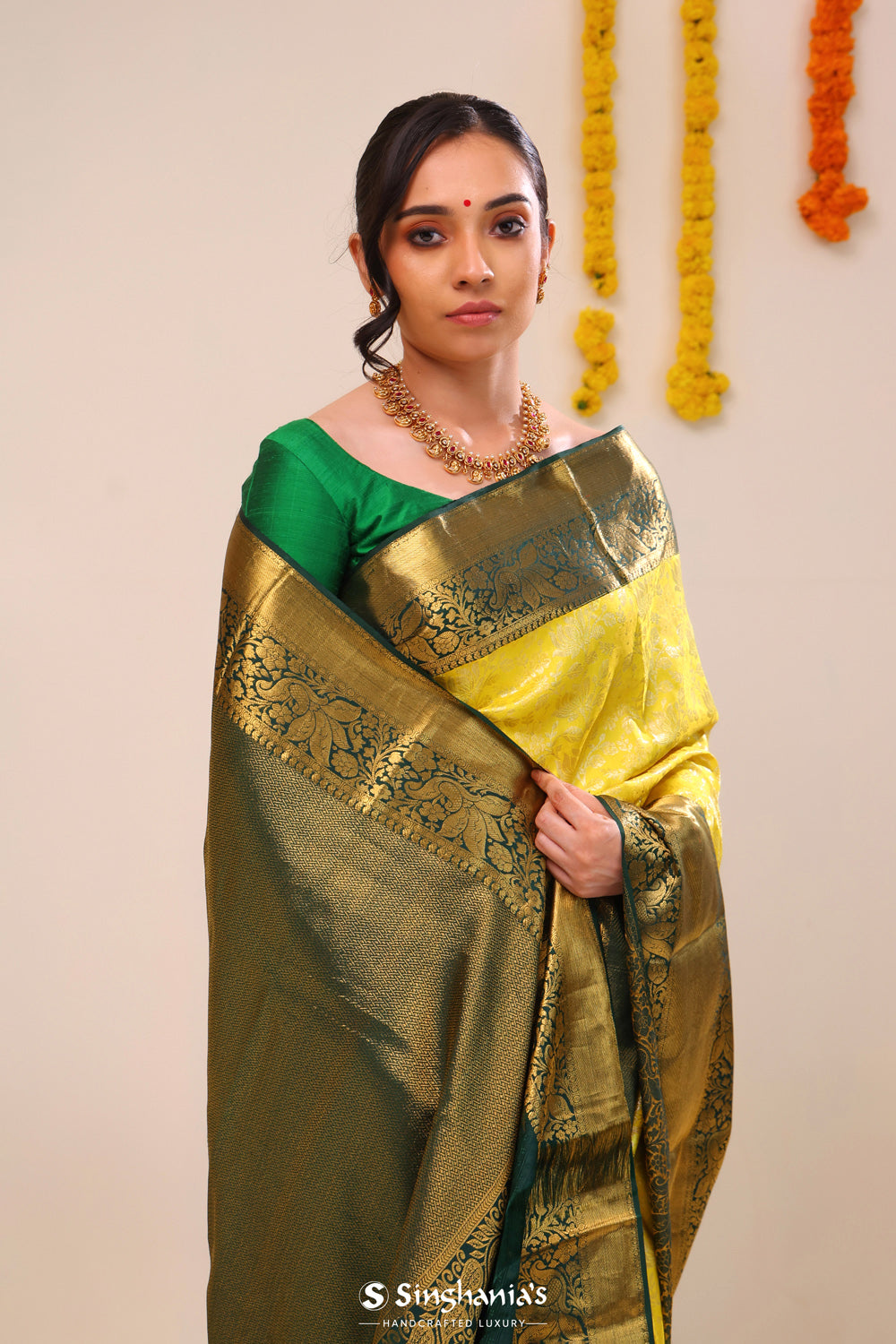 Lemon Yellow Heritage Kanjivaram Silk Saree