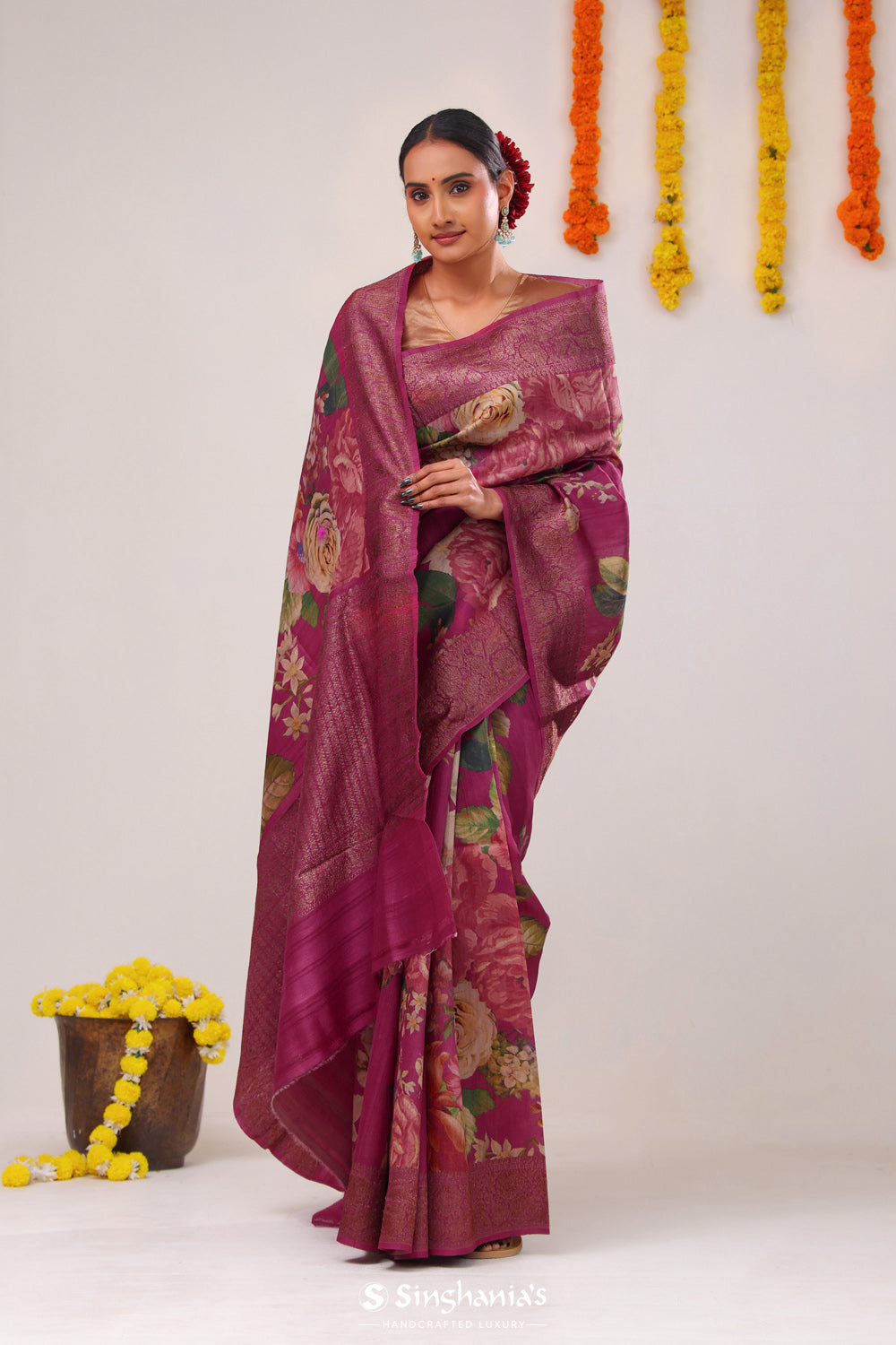 Wine Purple Printed Tussar Silk Saree