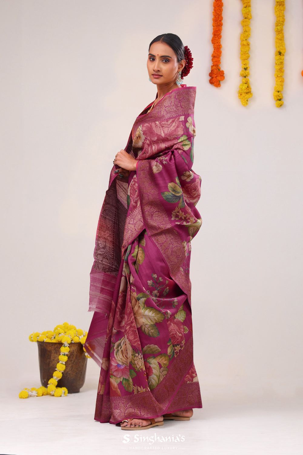 Wine Purple Printed Tussar Silk Saree