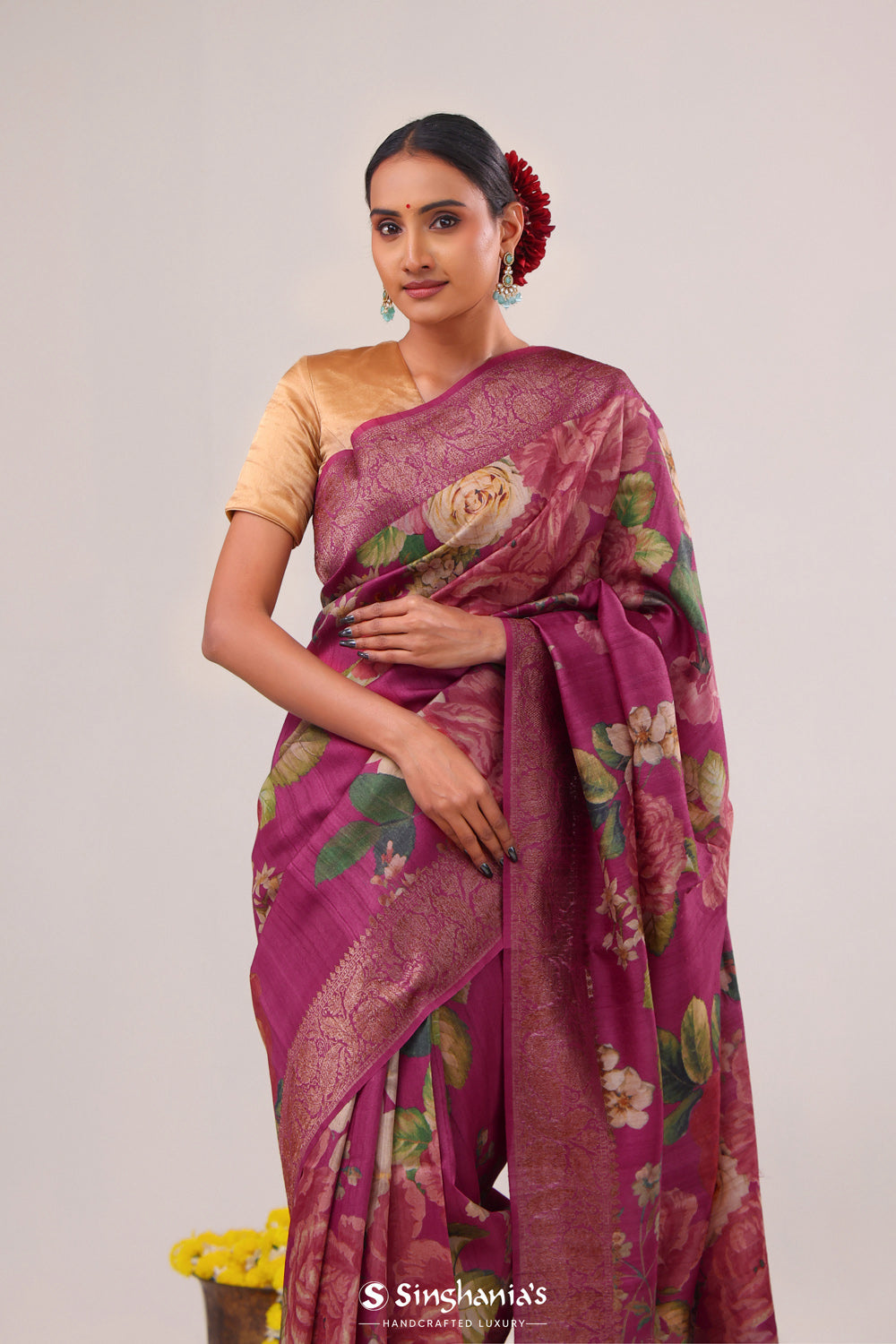 Wine Purple Printed Tussar Silk Saree