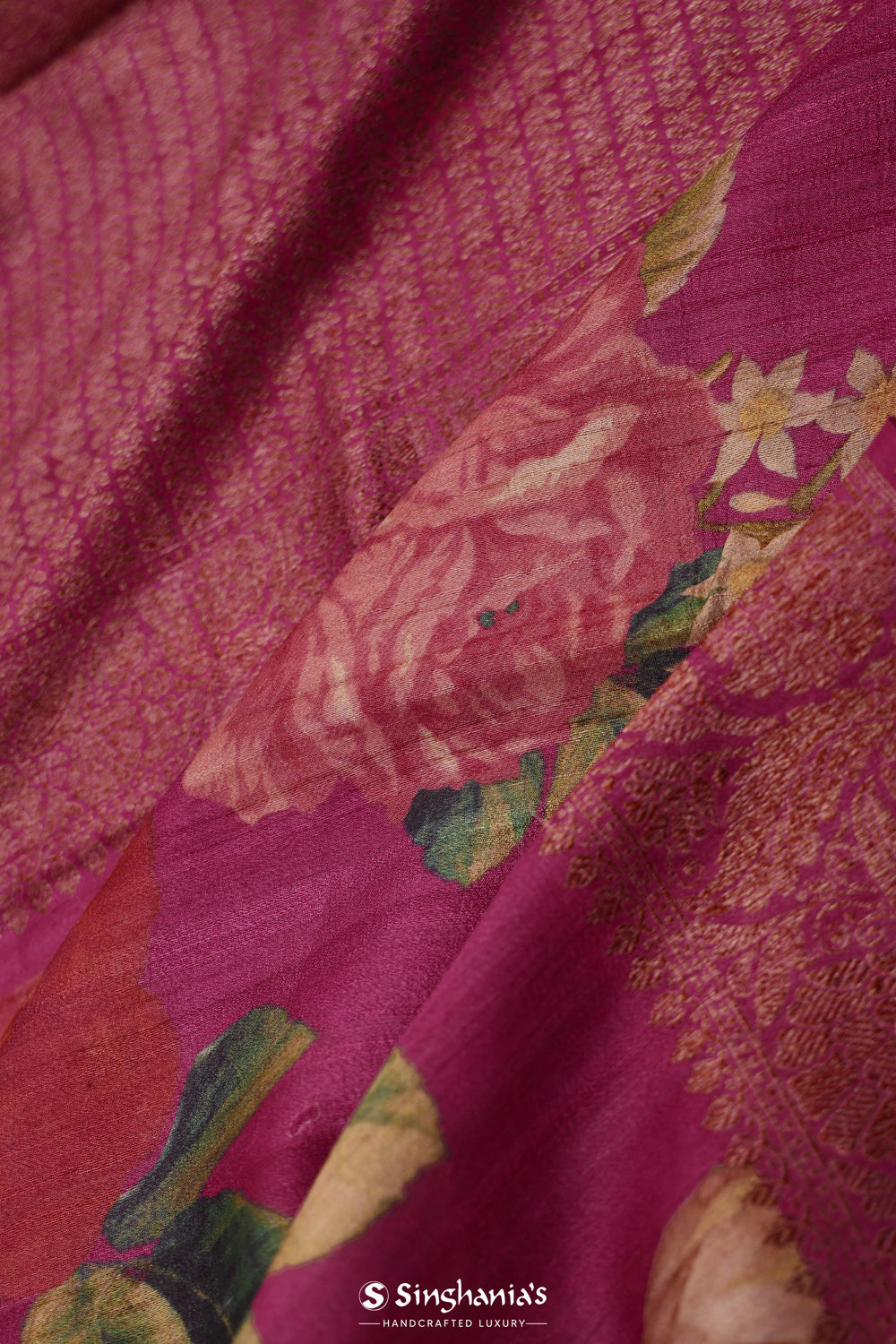 Wine Purple Printed Tussar Silk Saree