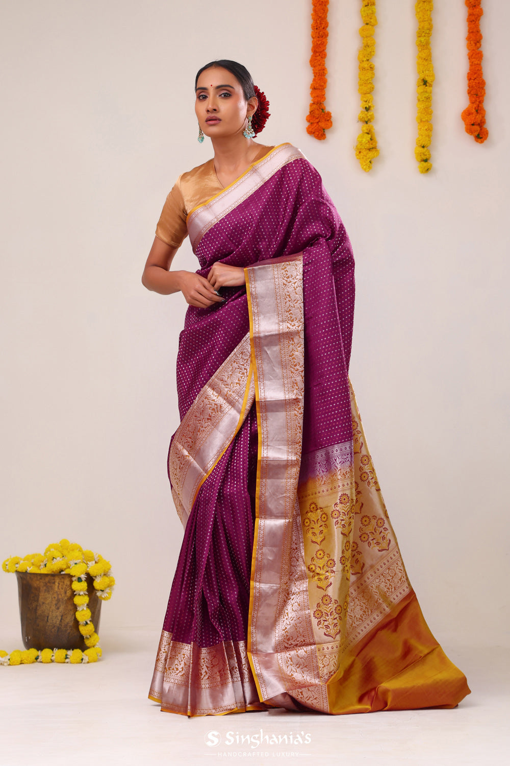 Magenta Pink Butti Kanjivaram Silk Saree