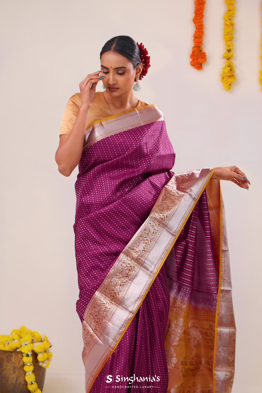 Magenta Pink Butti Kanjivaram Silk Saree