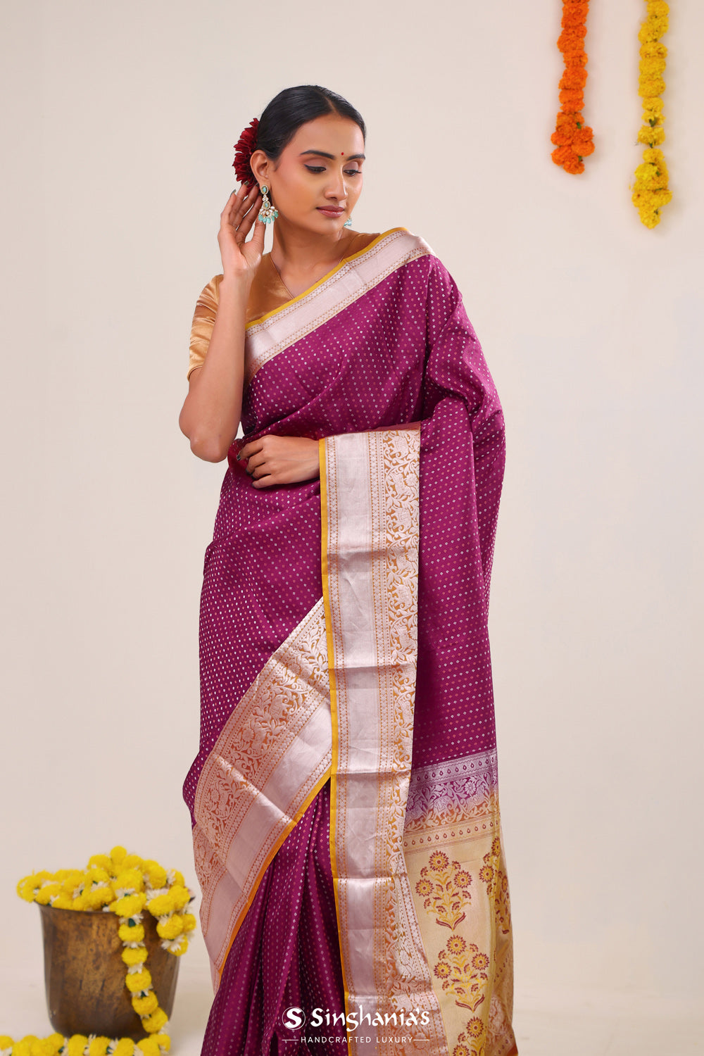 Magenta Pink Butti Kanjivaram Silk Saree