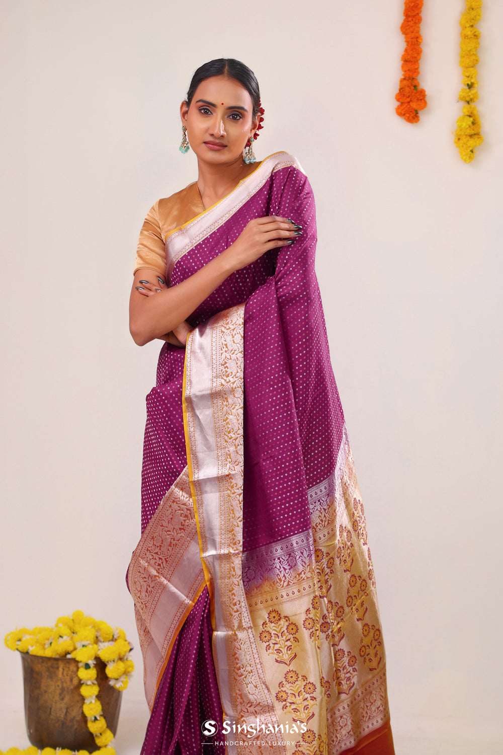 Magenta Pink Butti Kanjivaram Silk Saree