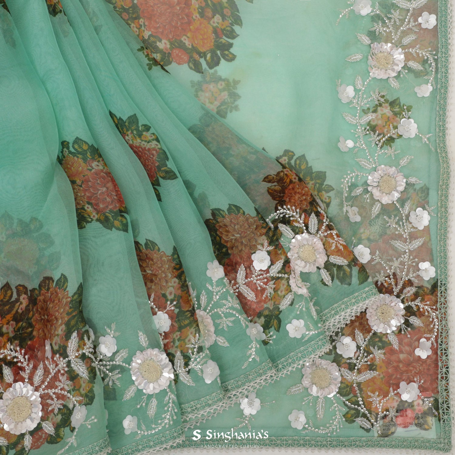 Tiffany Blue Printed Organza Saree With Hand Embroidery