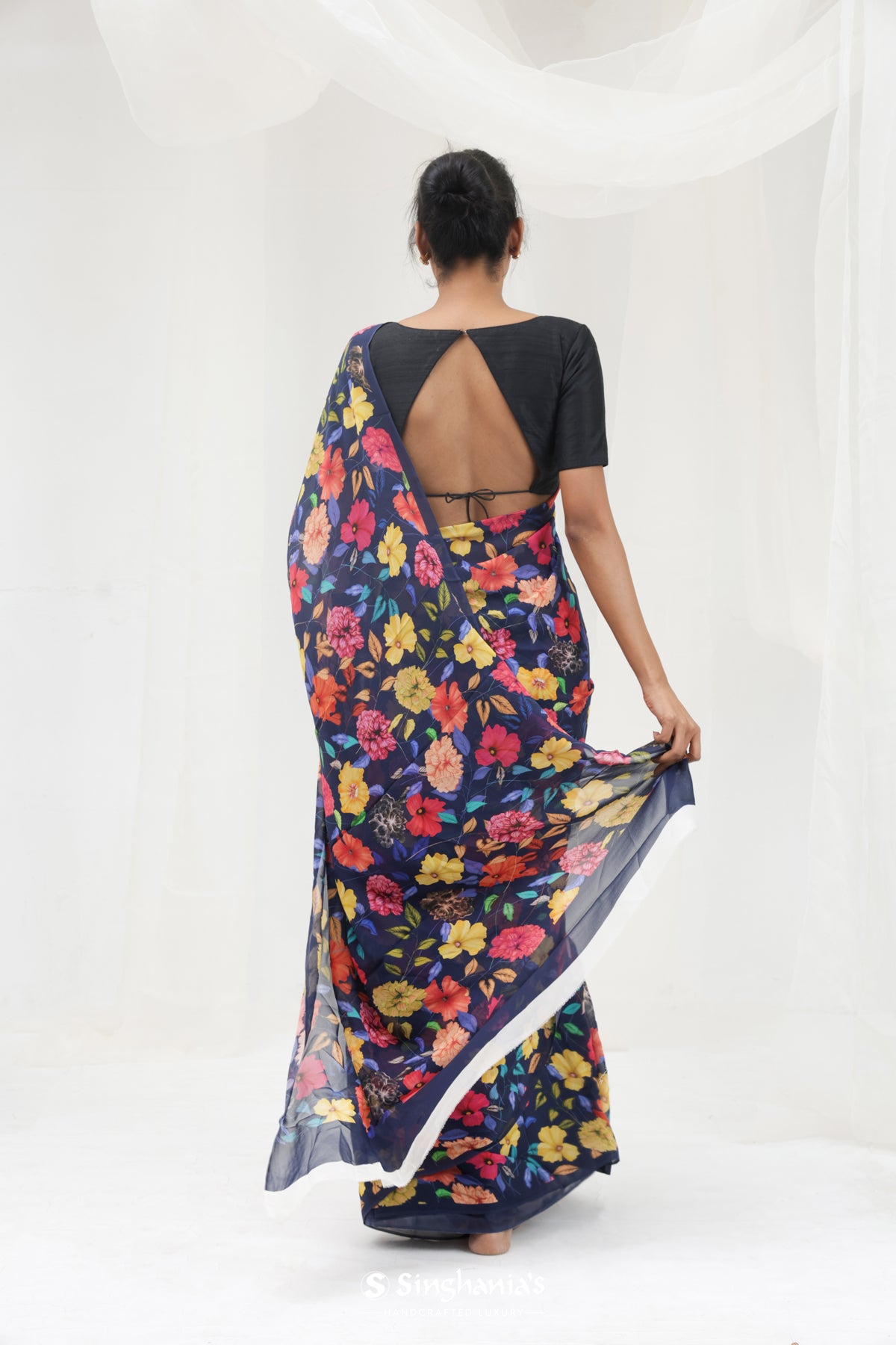 Oxford Blue Printed Georgette Saree With Floral Pattern