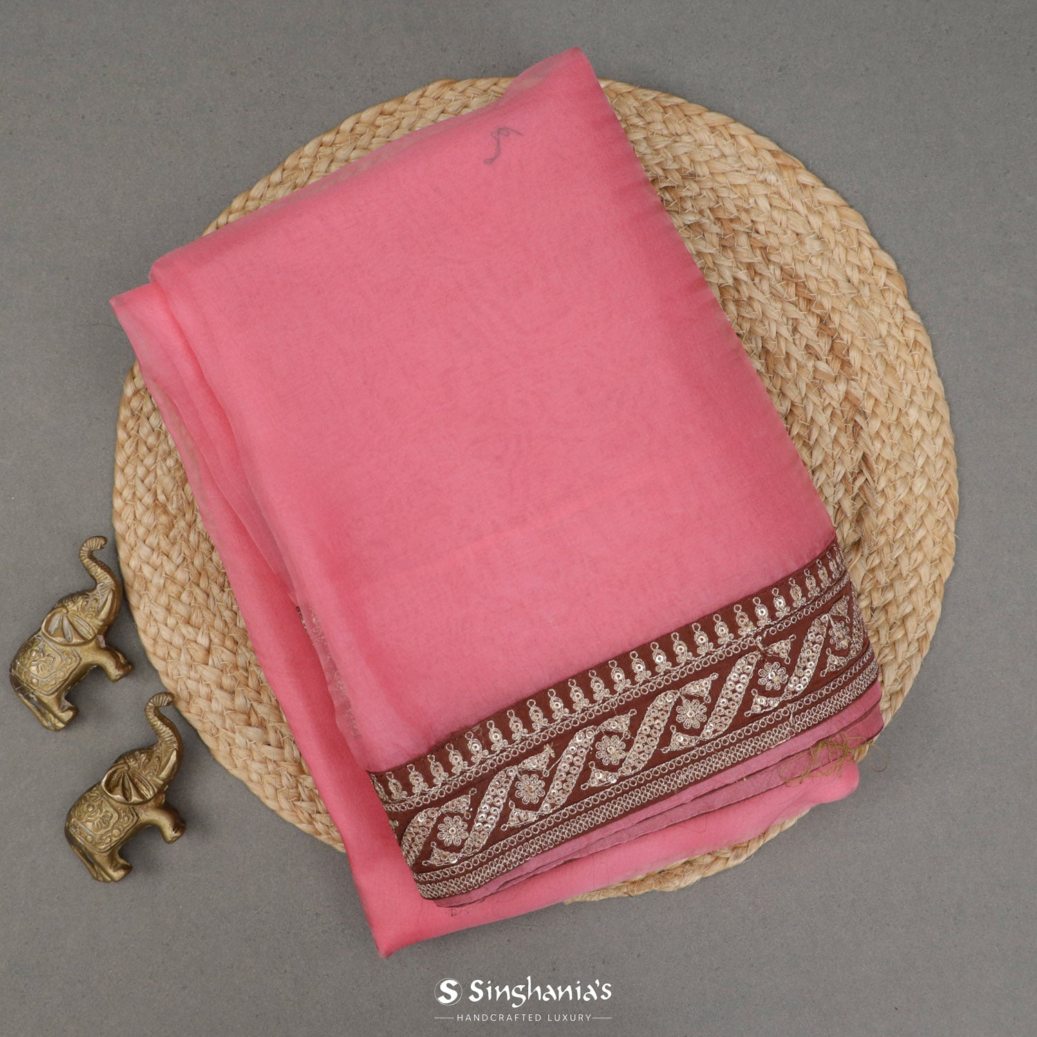 Tulip Pink Organza Saree With Plain Pattern And Embroidery Border