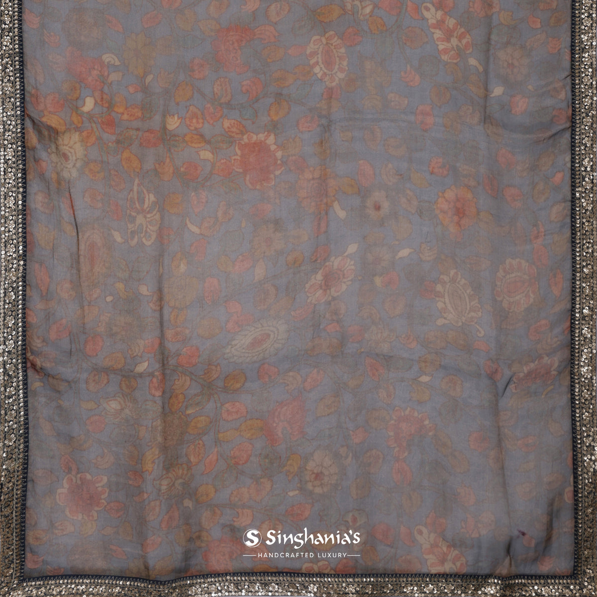 Gray Printed Tissue Saree With Floral Pattern