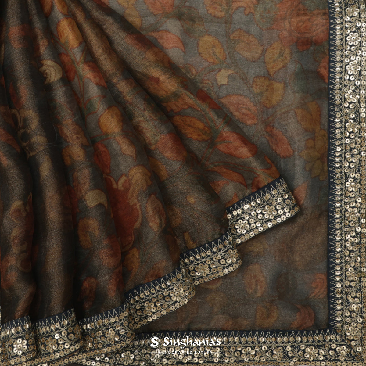 Gray Printed Tissue Saree With Floral Pattern