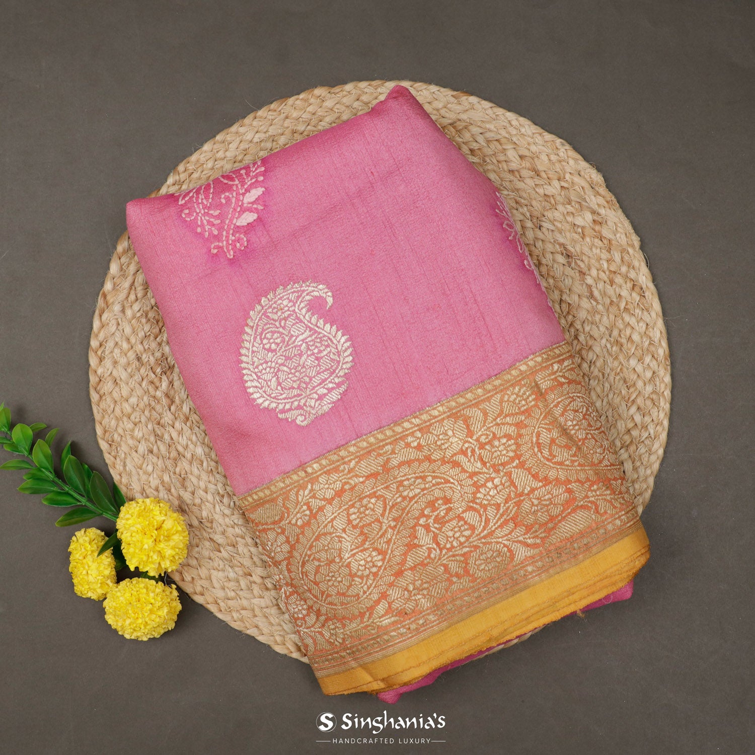 Light Hot Pink Banarasi Saree With Chikakari Embroidery