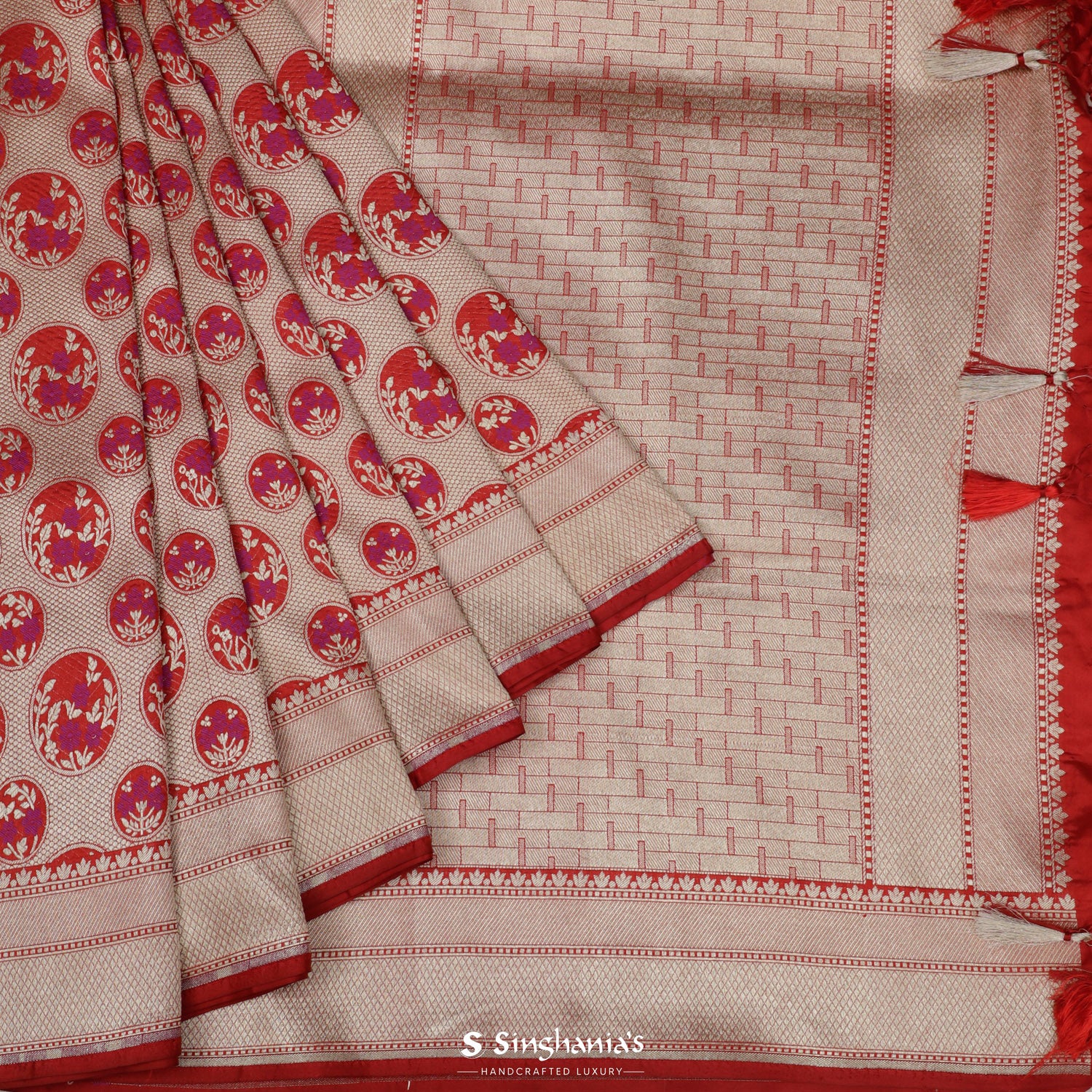 Arsenal Red Banarasi Saree With Floral Butti Weaving