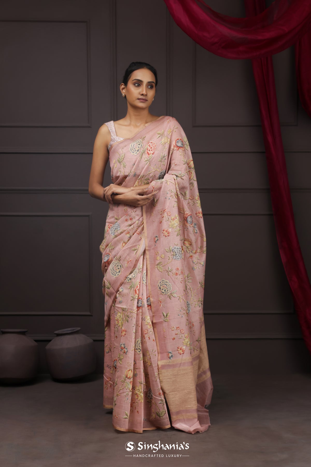 Silvery Pink Printed Chanderi Silk Saree With Floral Design