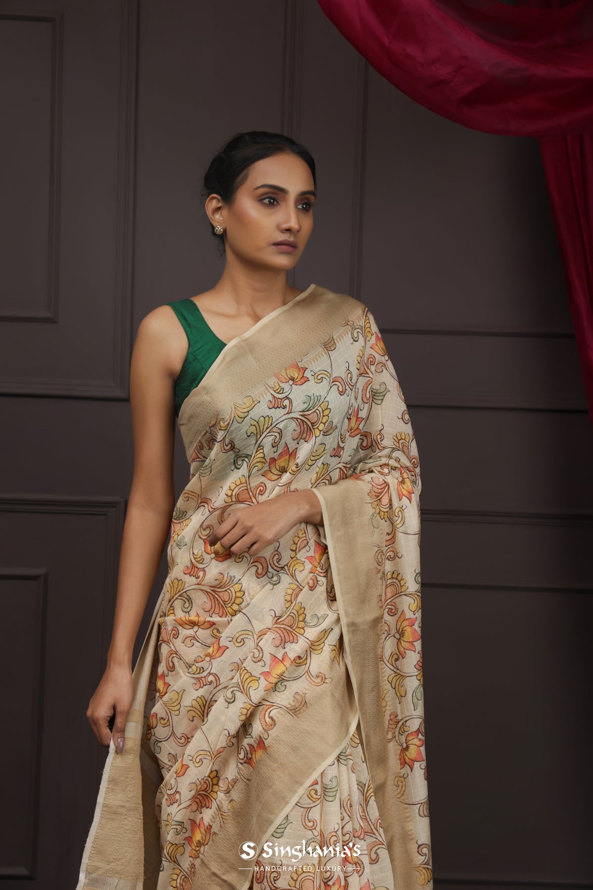 Ivory White Printed Chanderi Silk Saree With Floral Design