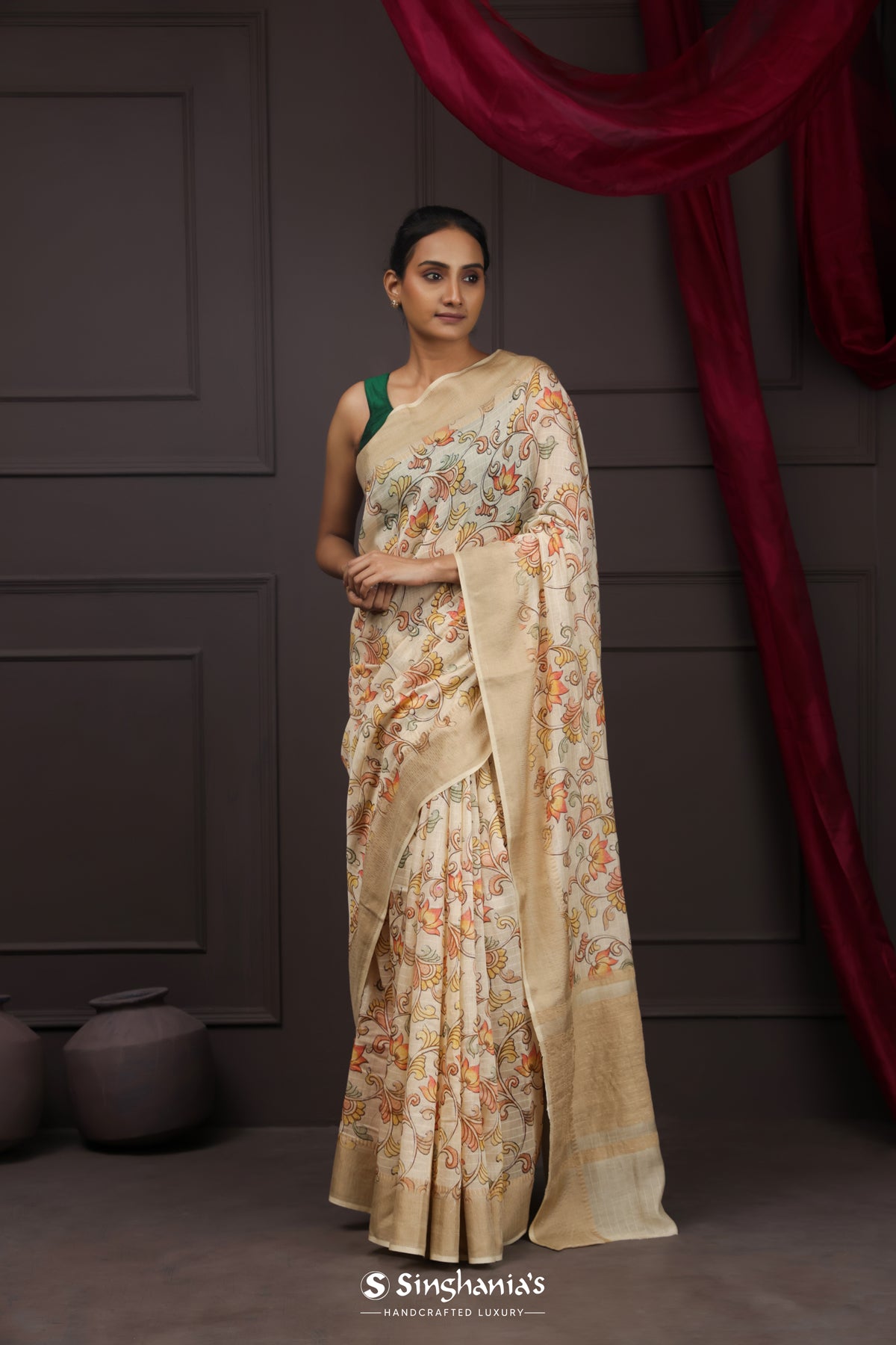 Ivory White Printed Chanderi Silk Saree With Floral Design