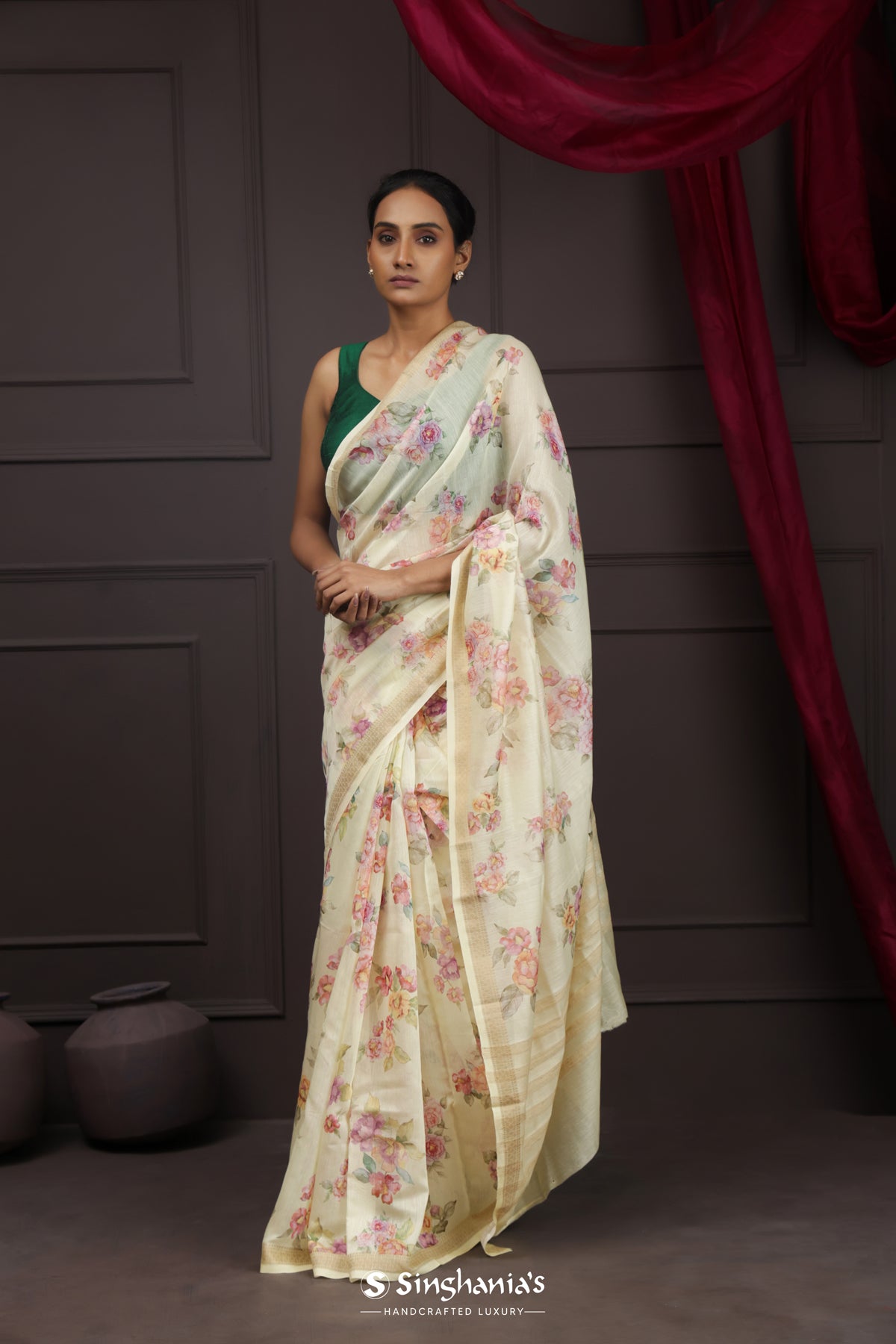 Cream Yellow Printed Chanderi Silk Saree With Floral Design