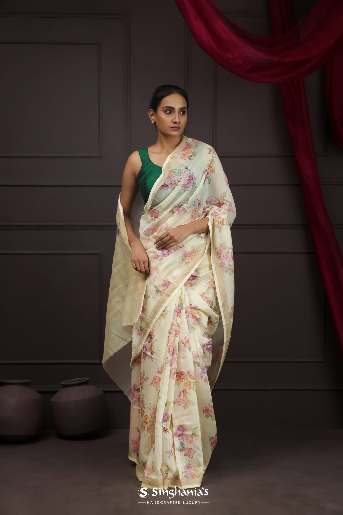 Cream Yellow Printed Chanderi Silk Saree With Floral Design