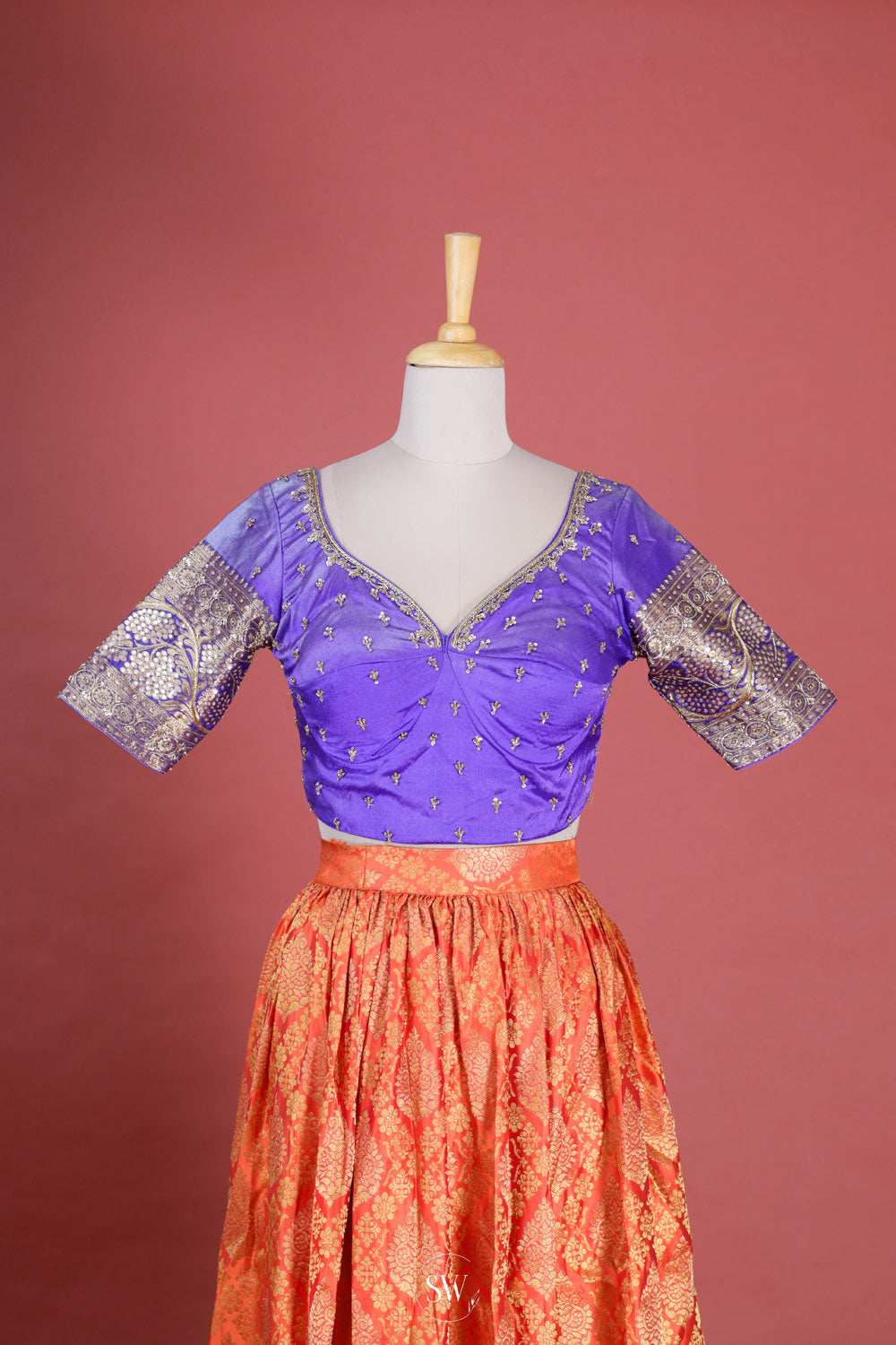 Picotee Blue-Orange Silk Lehenga Set With Zari Weaving