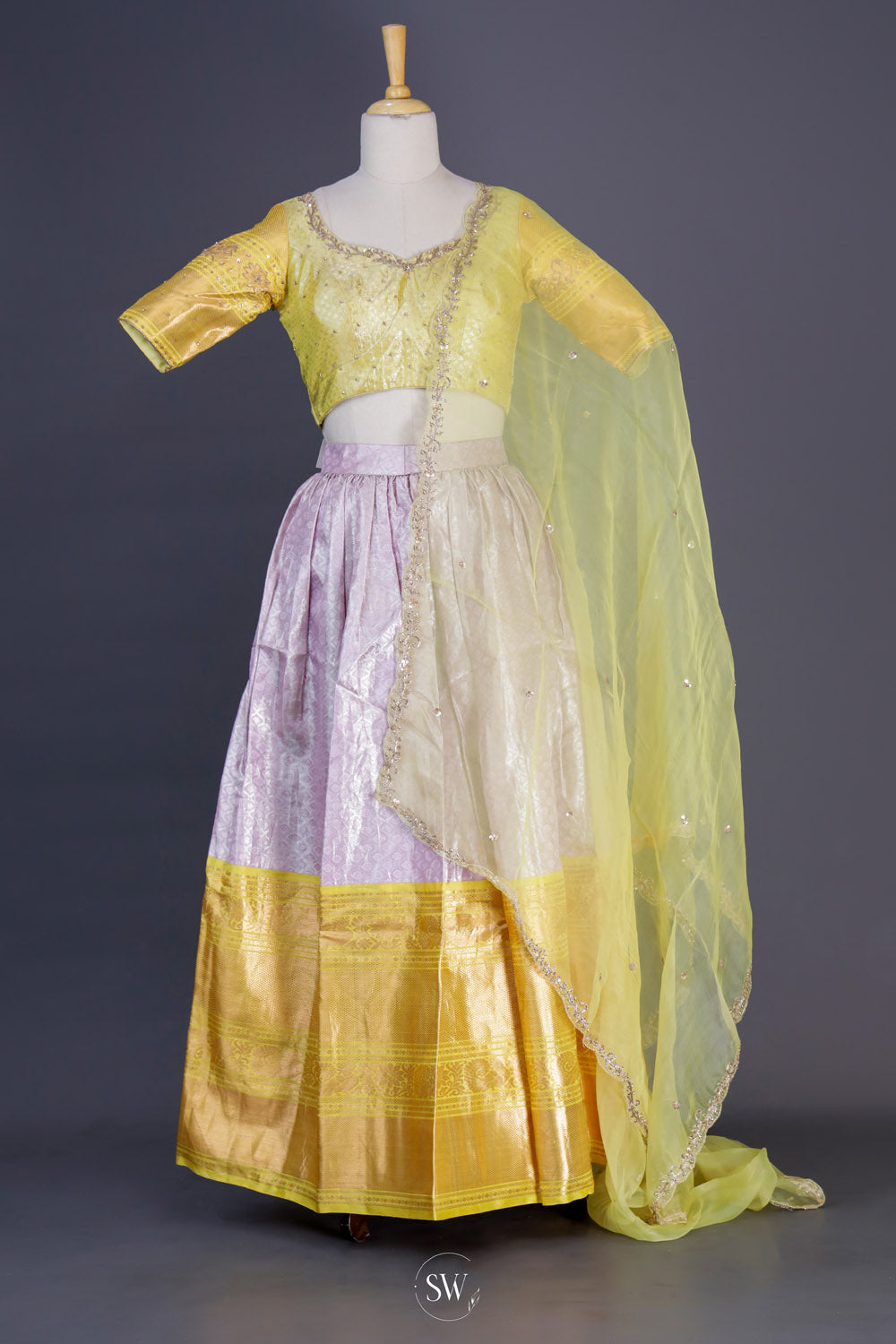 Bright Yellow-Grey Silk Lehenga Set With Zari Weaving