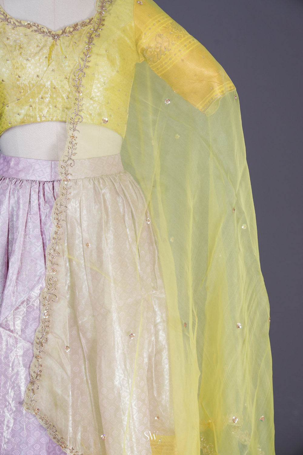 Bright Yellow-Grey Silk Lehenga Set With Zari Weaving