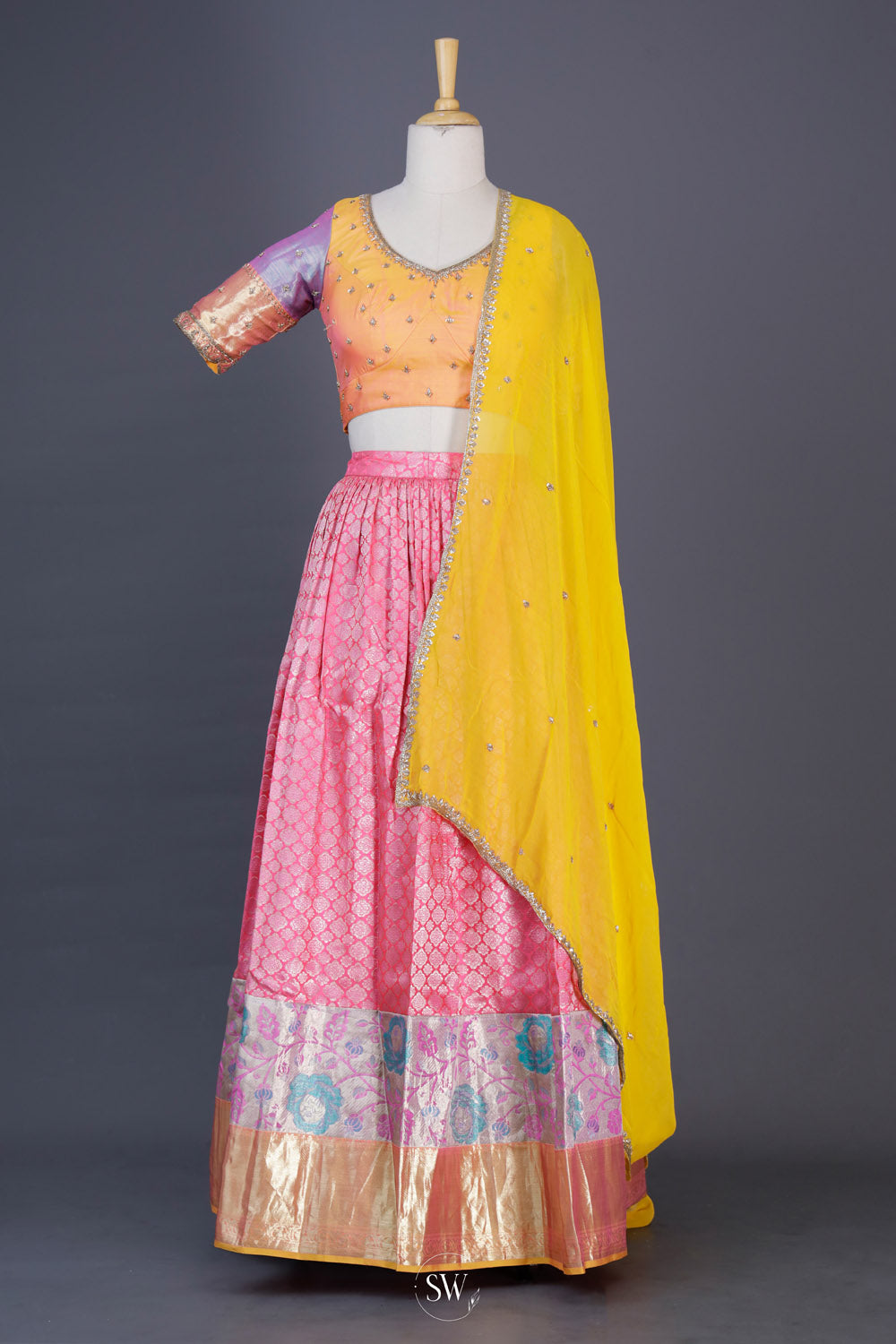 Saffron Yellow-Pink Silk Lehenga Set With Zari Weaving