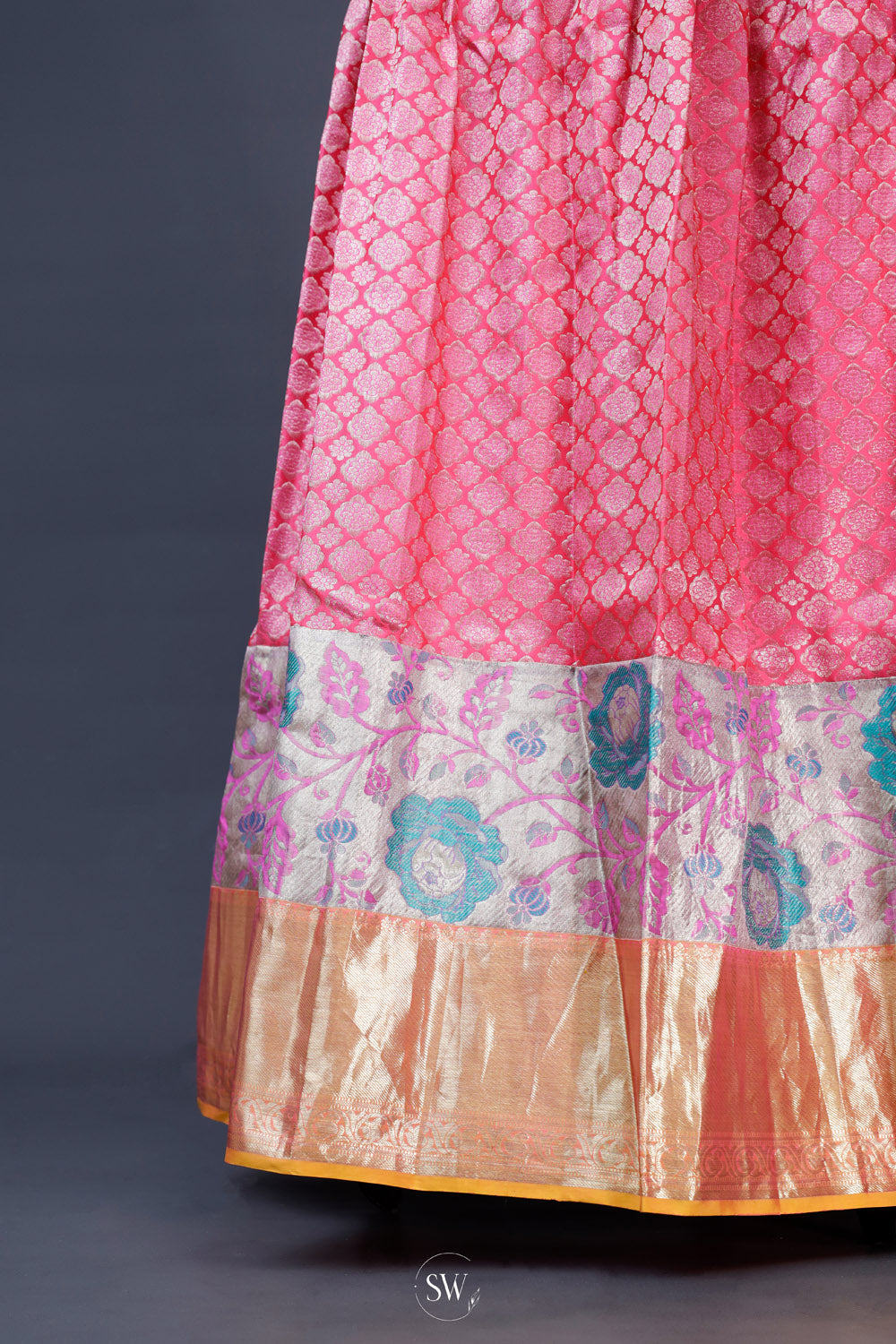 Saffron Yellow-Pink Silk Lehenga Set With Zari Weaving