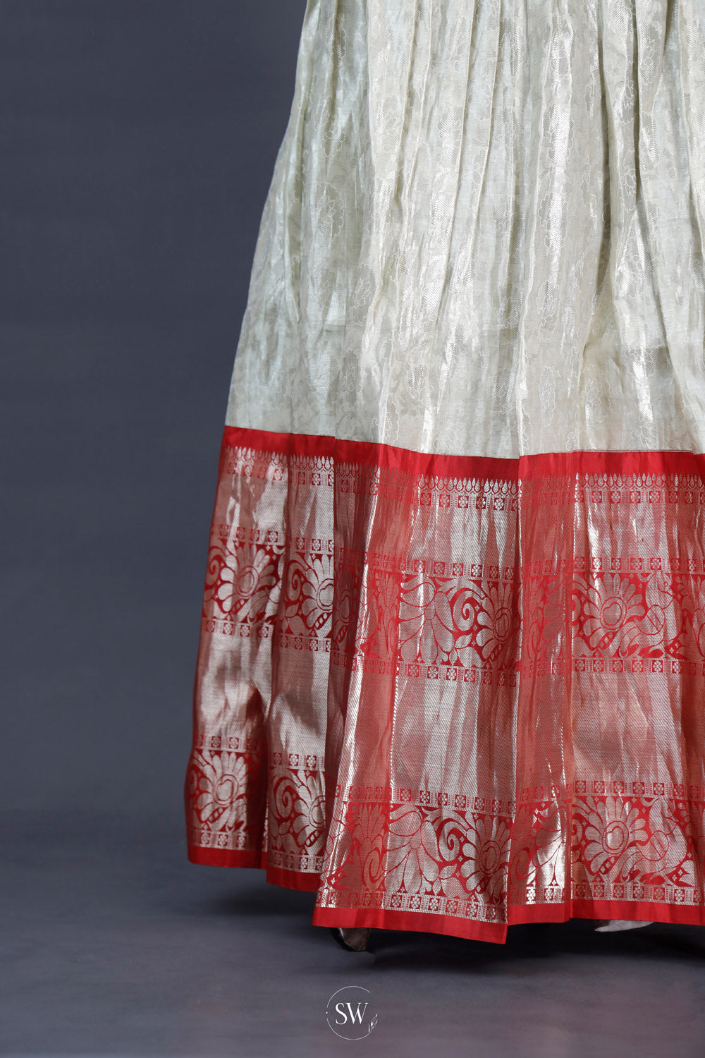 Ivory White-Red Silk Lehenga Set With Zari Weaving