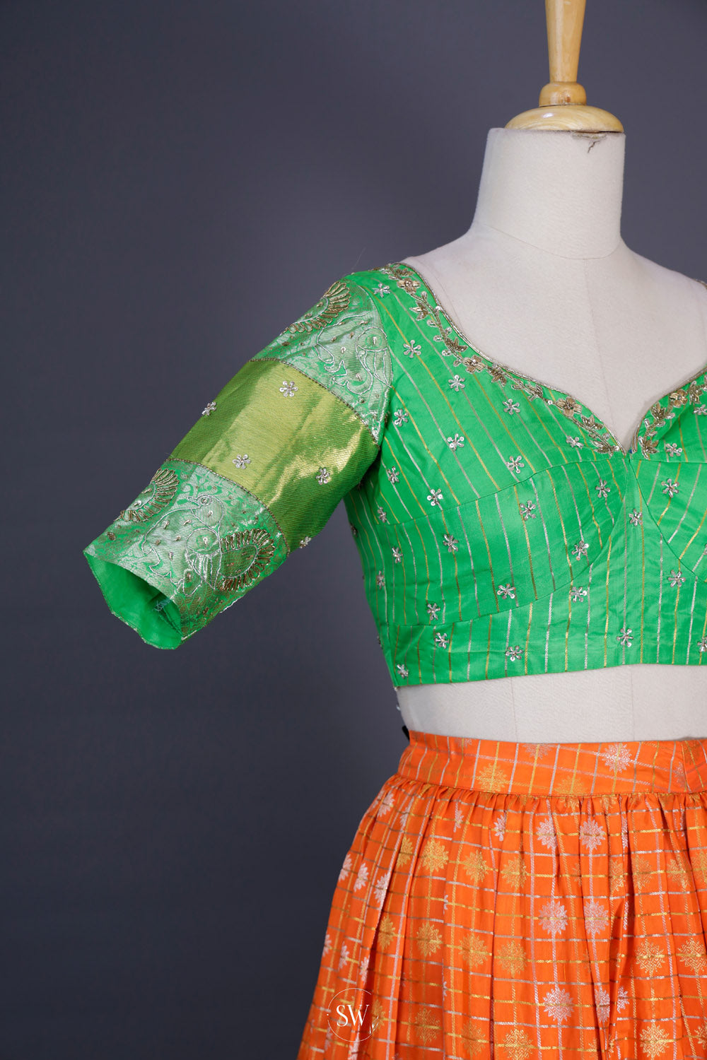 Orange Green Silk Lehenga Set With Zari Weaving