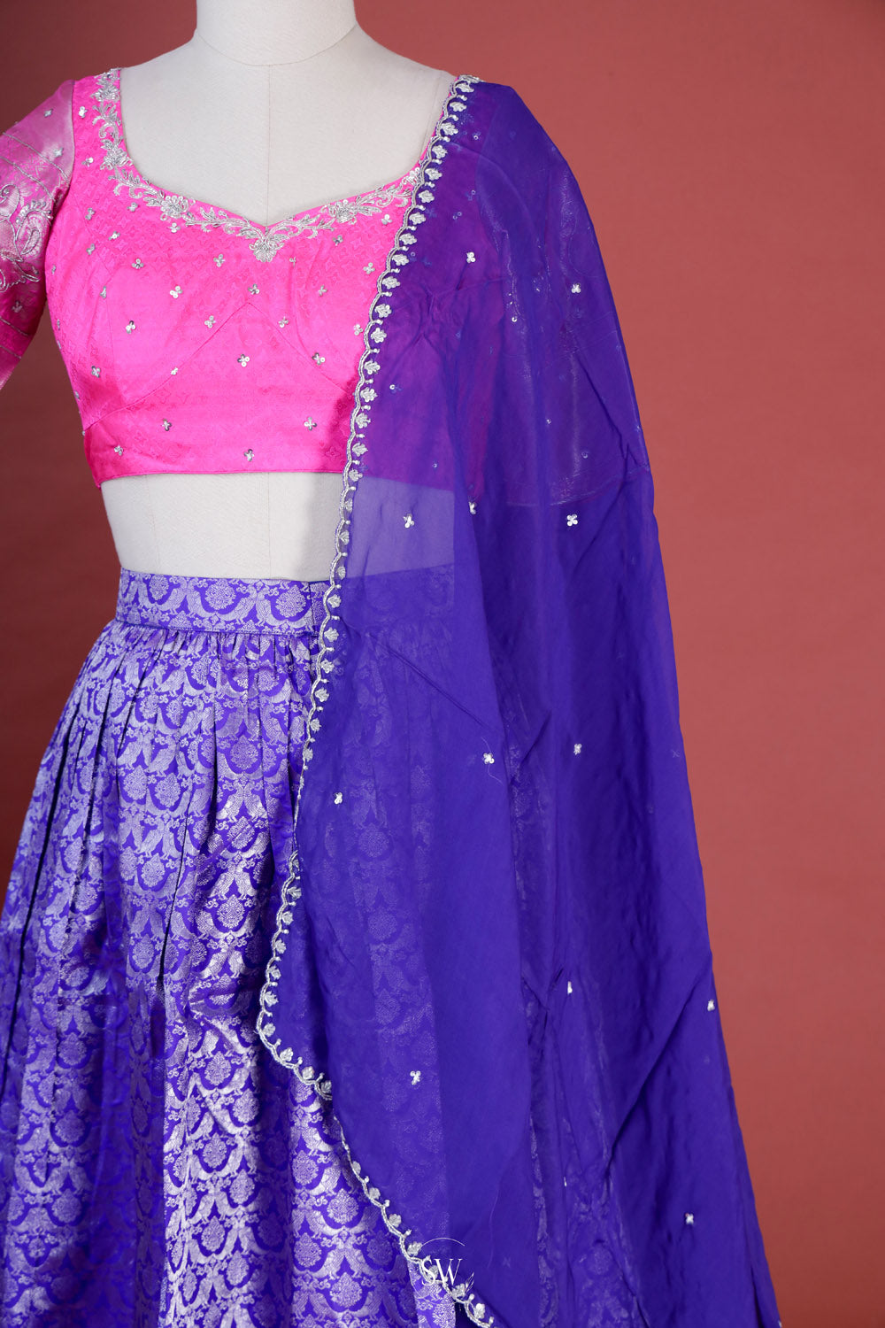 Majorelle Blue-Pink Silk Lehenga Set With Zari Weaving