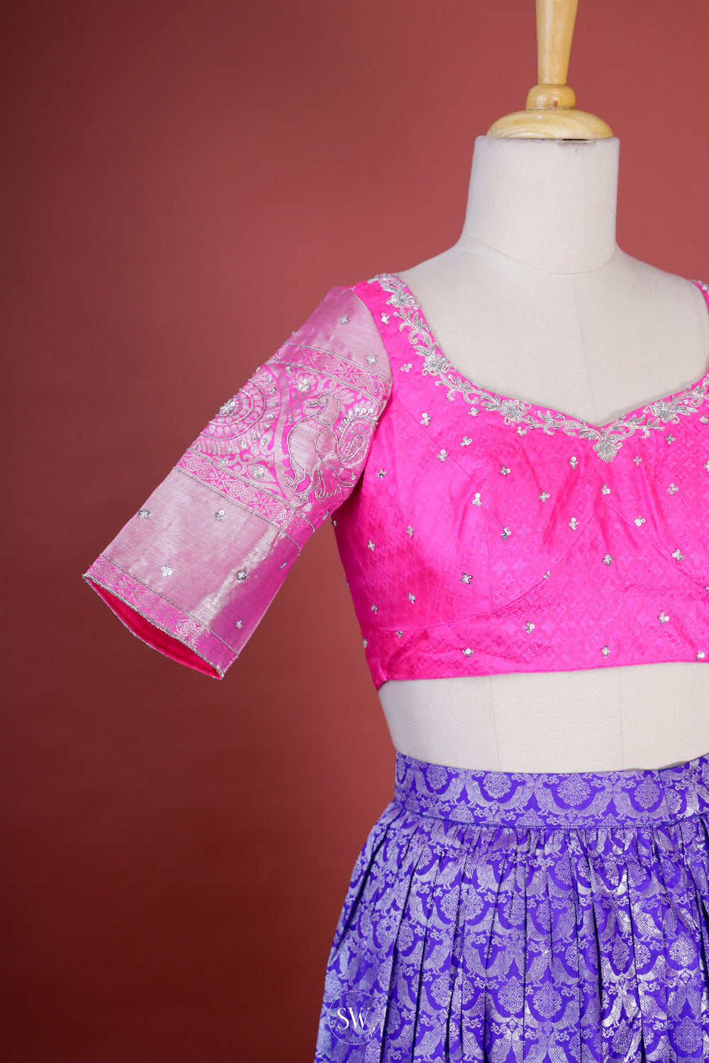 Majorelle Blue-Pink Silk Lehenga Set With Zari Weaving