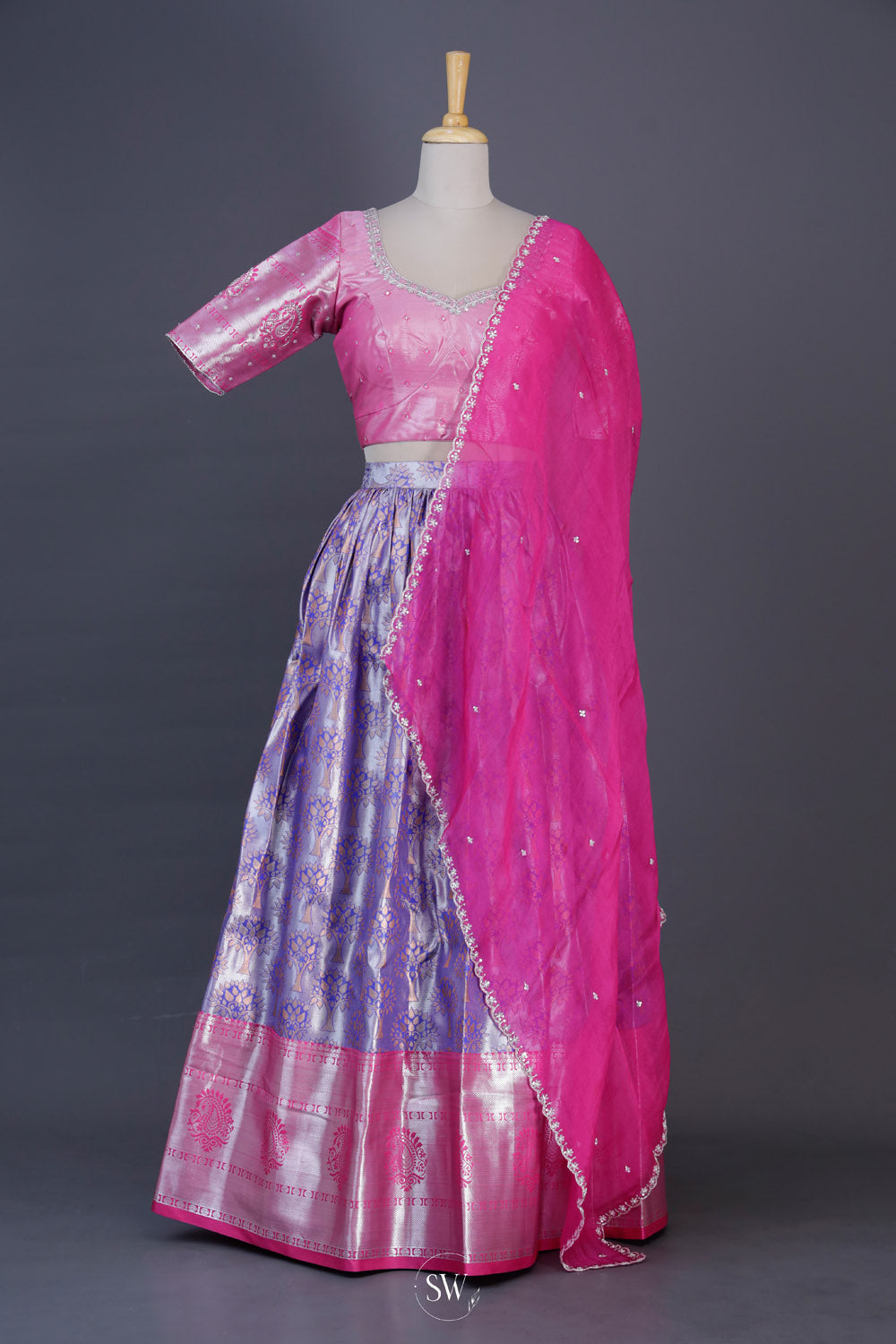 Pink Purple Silk Lehenga Set With Zari Weaving