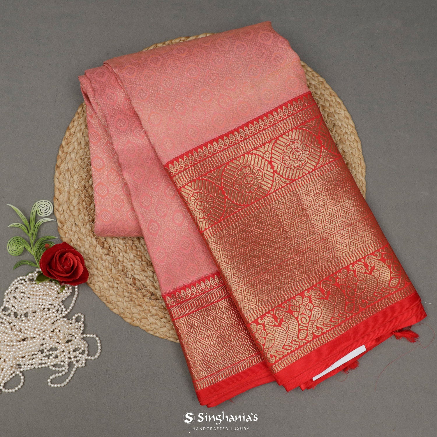 Baby Pink Kanjivaram Saree With Floral Jaal Pattern