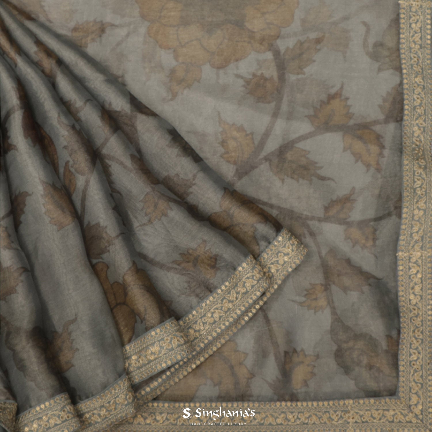 Pastel Gray Printed Tissue Saree With Floral Pattern