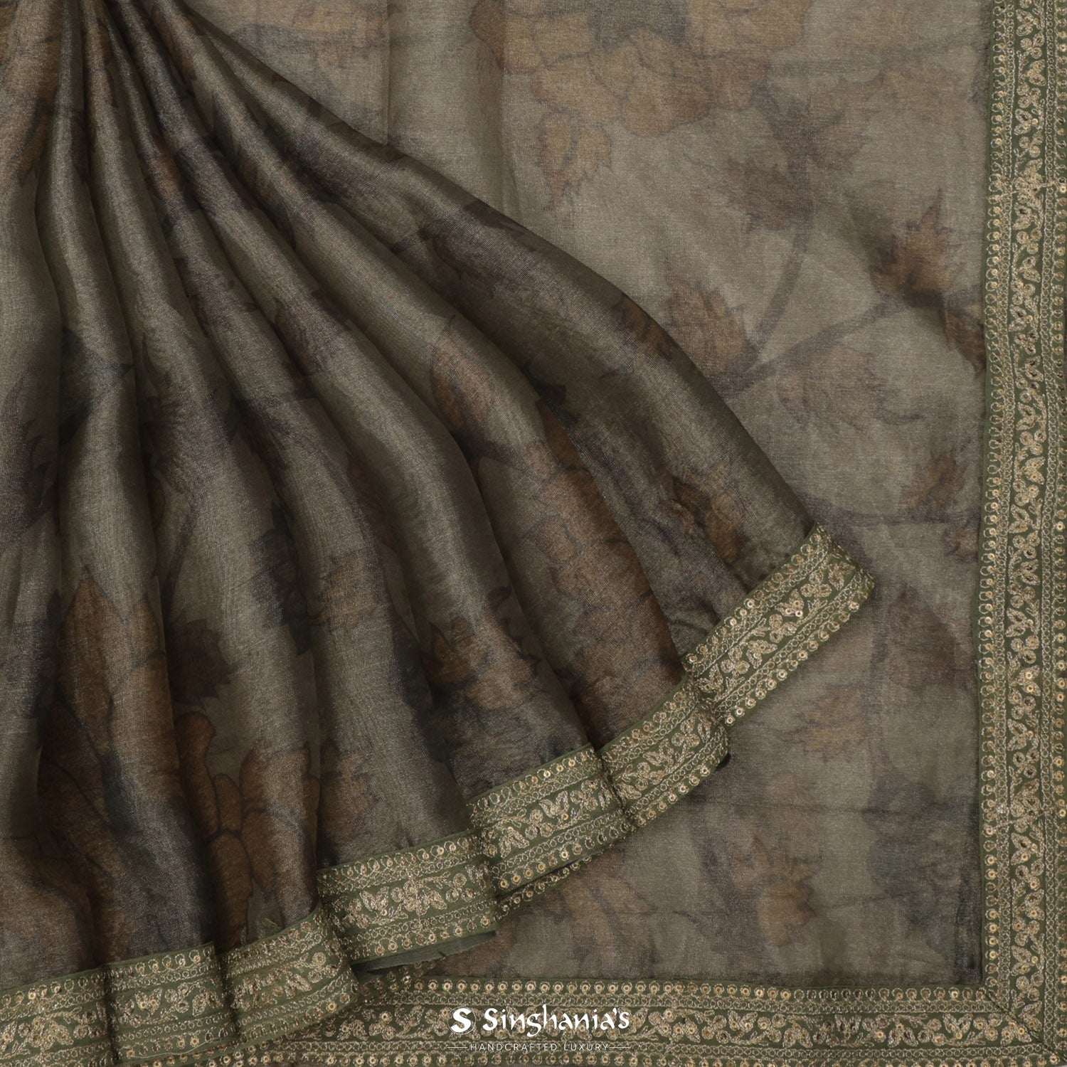 Vintage Gray Printed Tissue Saree With Floral Pattern