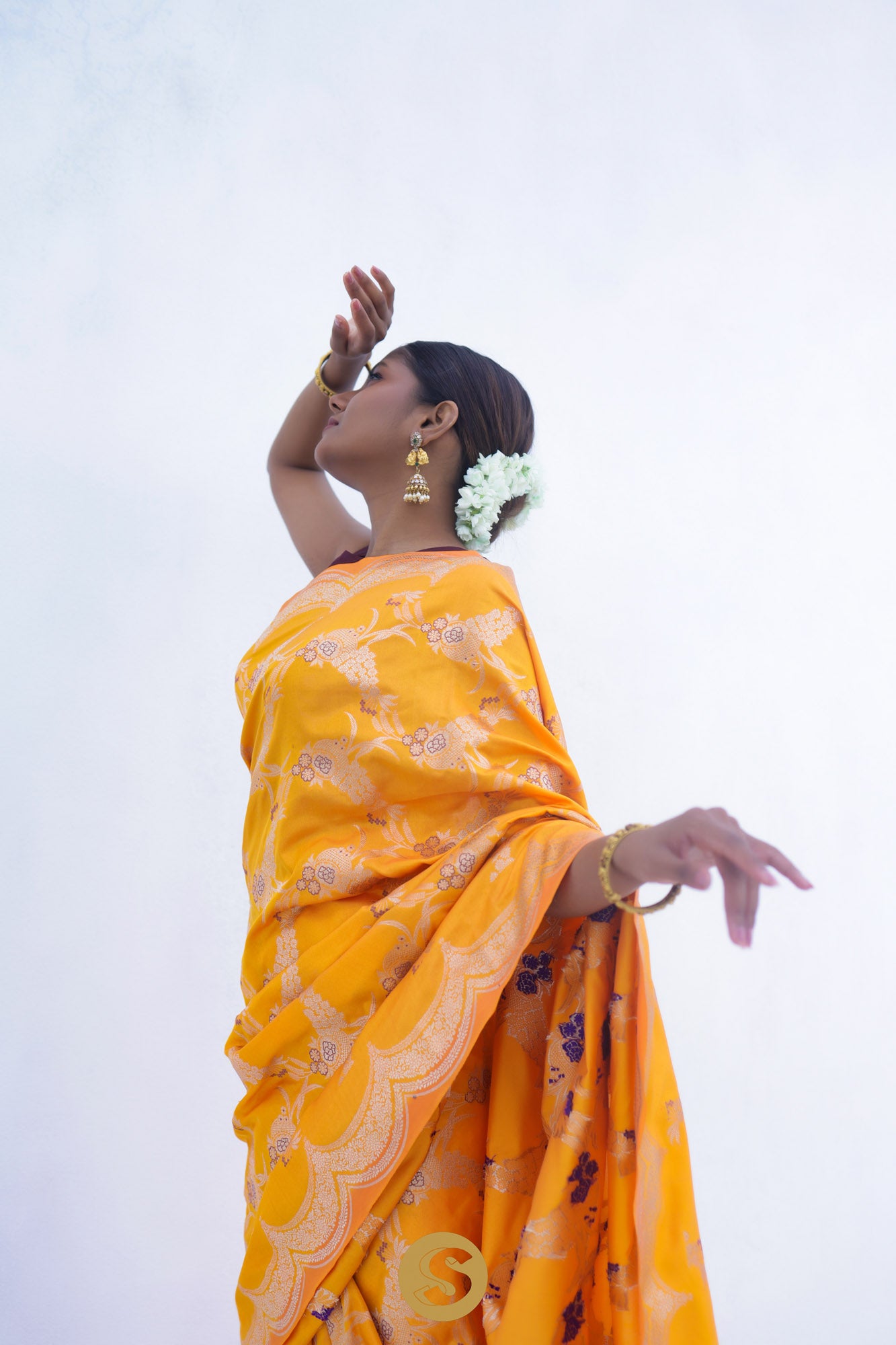 Amber Orange Banarasi Silk Saree With Floral Weaving