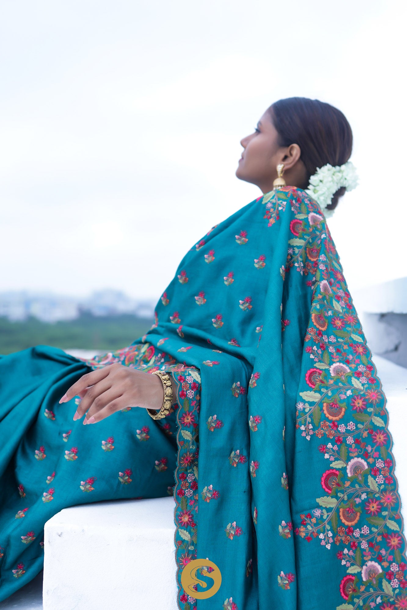 Peacock Blue Tussar Saree With Floral Embroidery