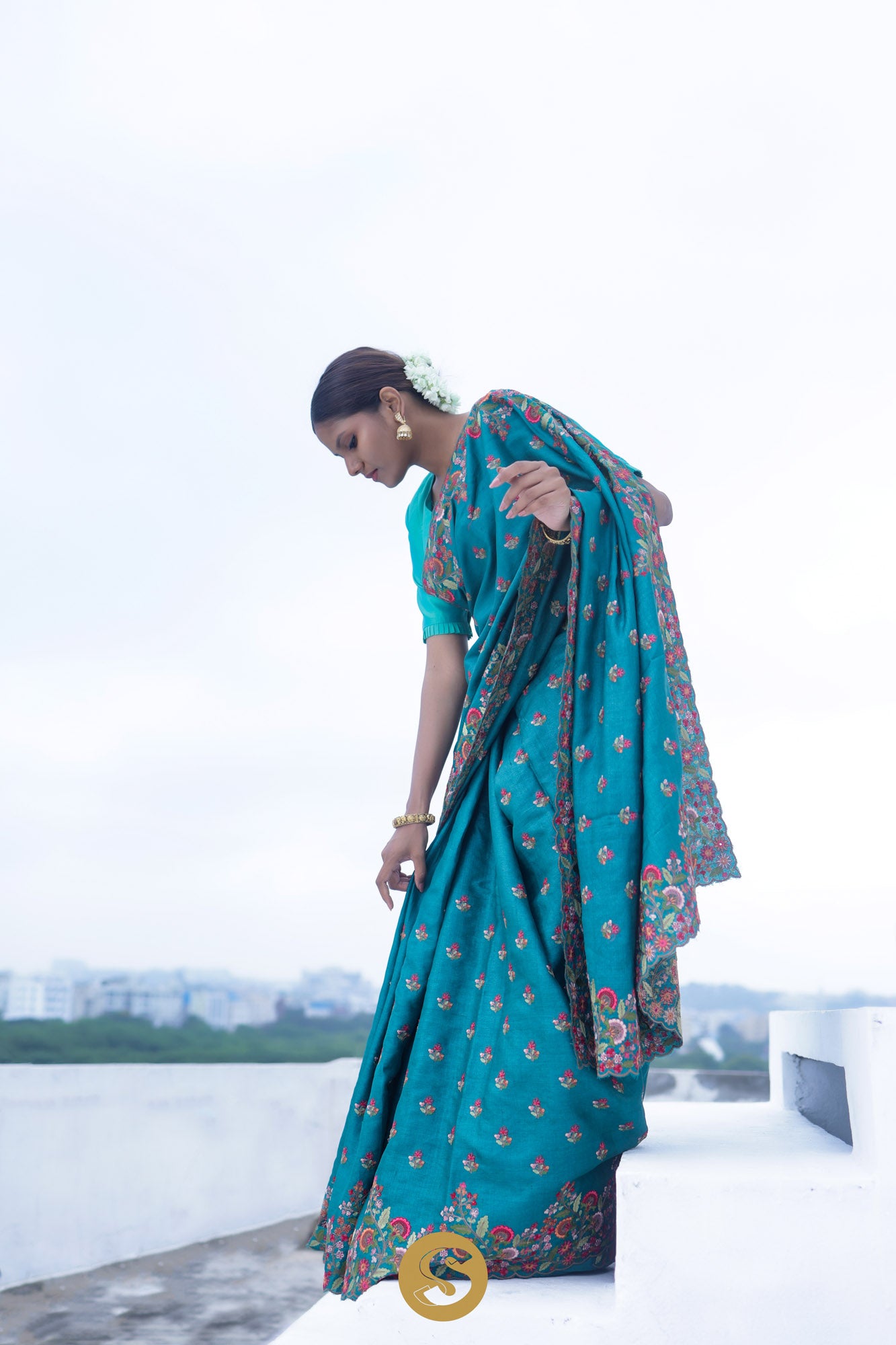 Peacock Blue Tussar Saree With Floral Embroidery