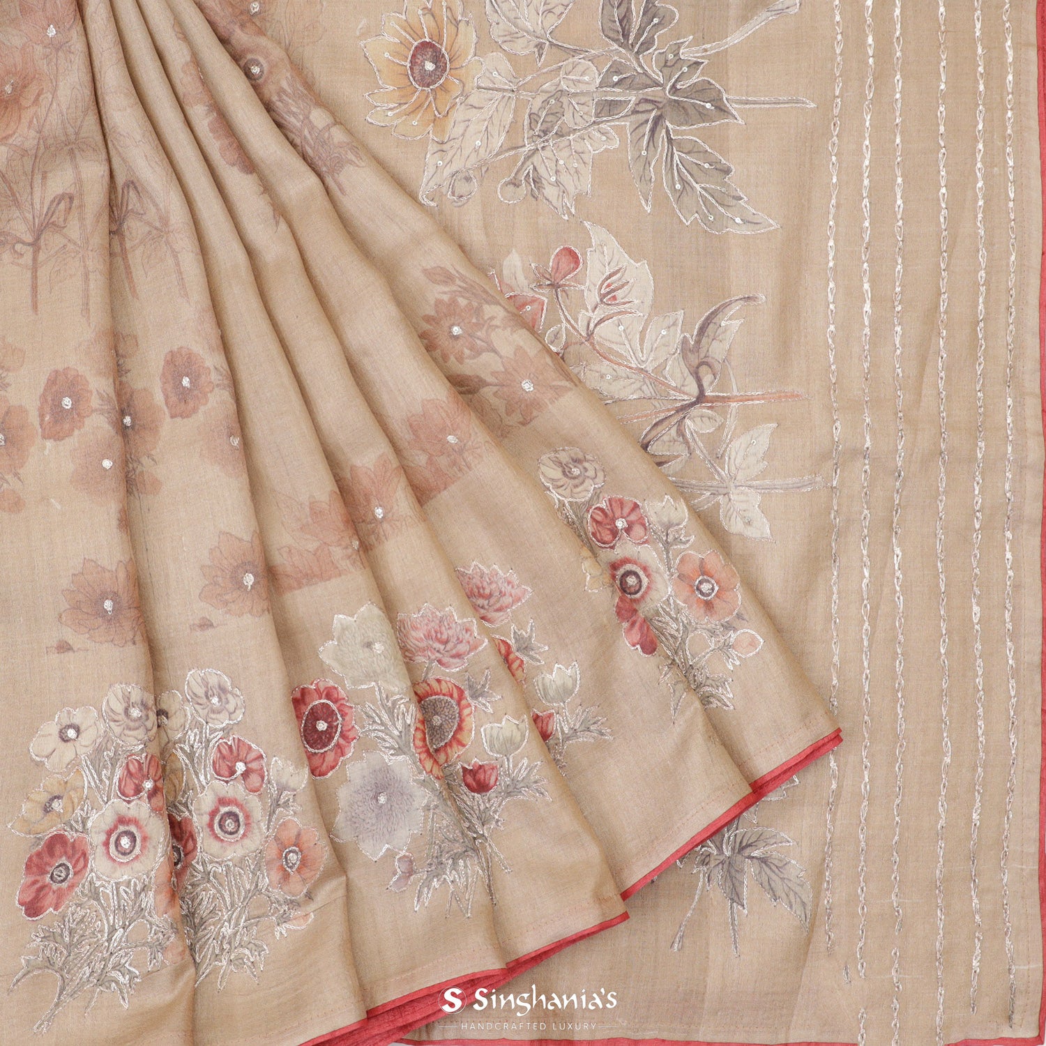 Beige Cream Printed Tussar Silk Saree With Floral Pattern And Zari Embroidery