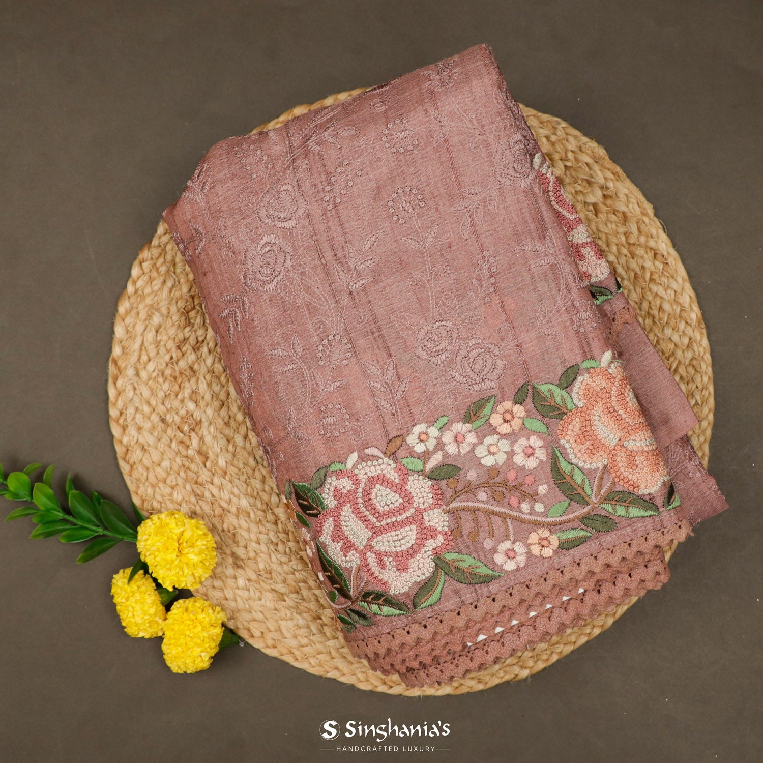Redwood Pink Tussar Saree With Floral Thread Embroidery