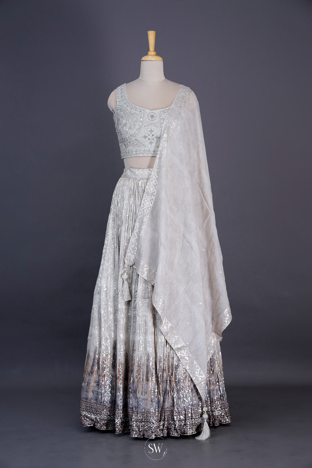 Silver Grey Silk Lehenga Set With Zari Weaving